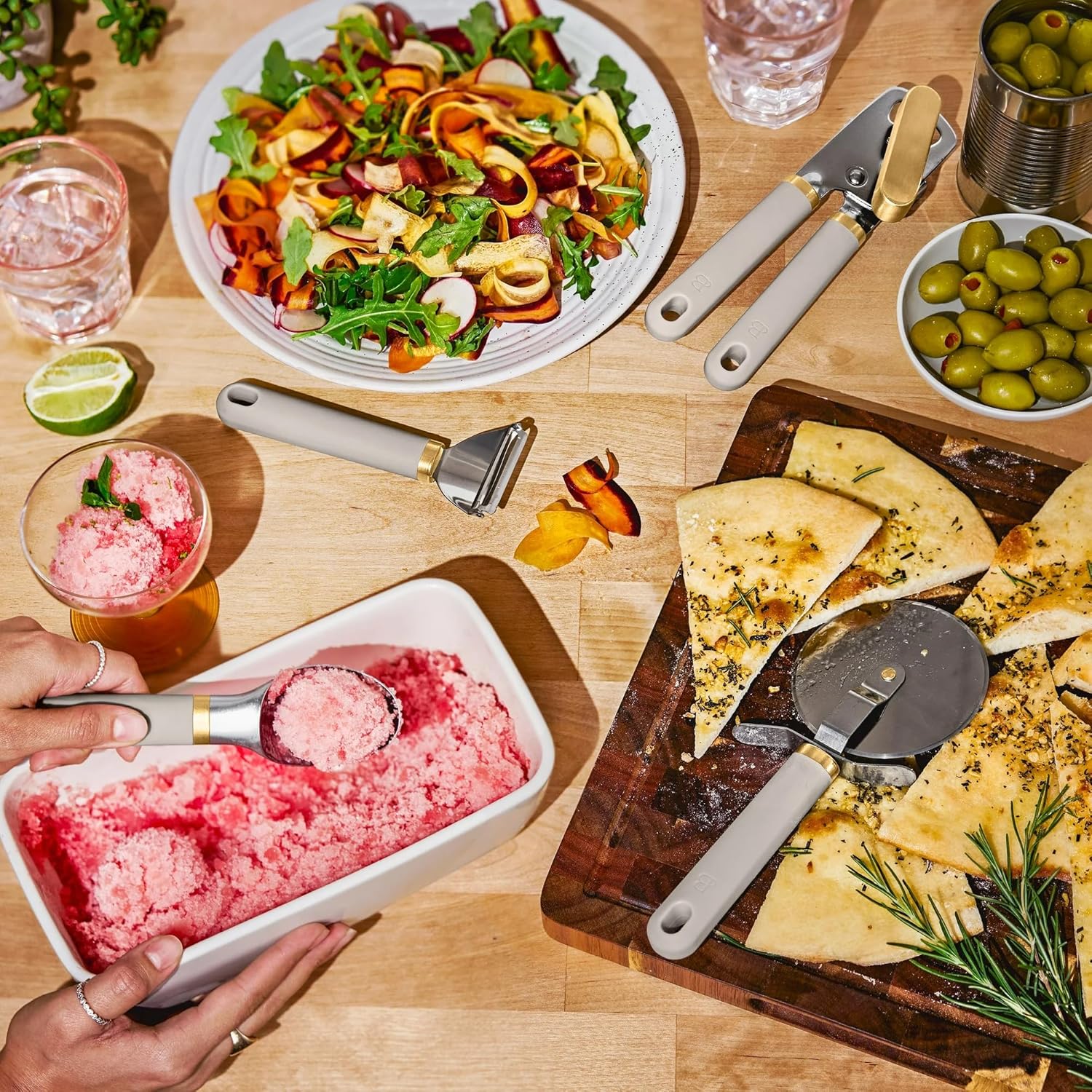 4-Piece Kitchen Gadget Set, Ice Cream Scoop Pizza Cutter Peeler Can Opener, Stainless Steel Tools with Non-Slip Grip, BPA-Free, Dishwasher Safe Kitchen Essentials (Porcini Taupe)