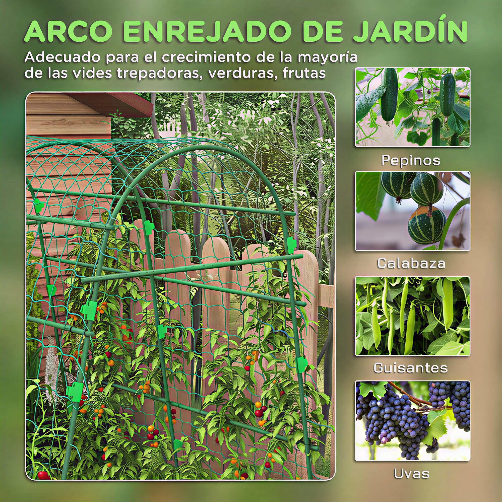 Outsunny Enrejado de Pepino 206 cm, Enrejado de Jardín en Arco para Plantas Trepadoras al Aire Libre, Forma en U, con Estructura de Acero con Recubrimiento de PE y Malla, Soporte para Verduras, Frutas