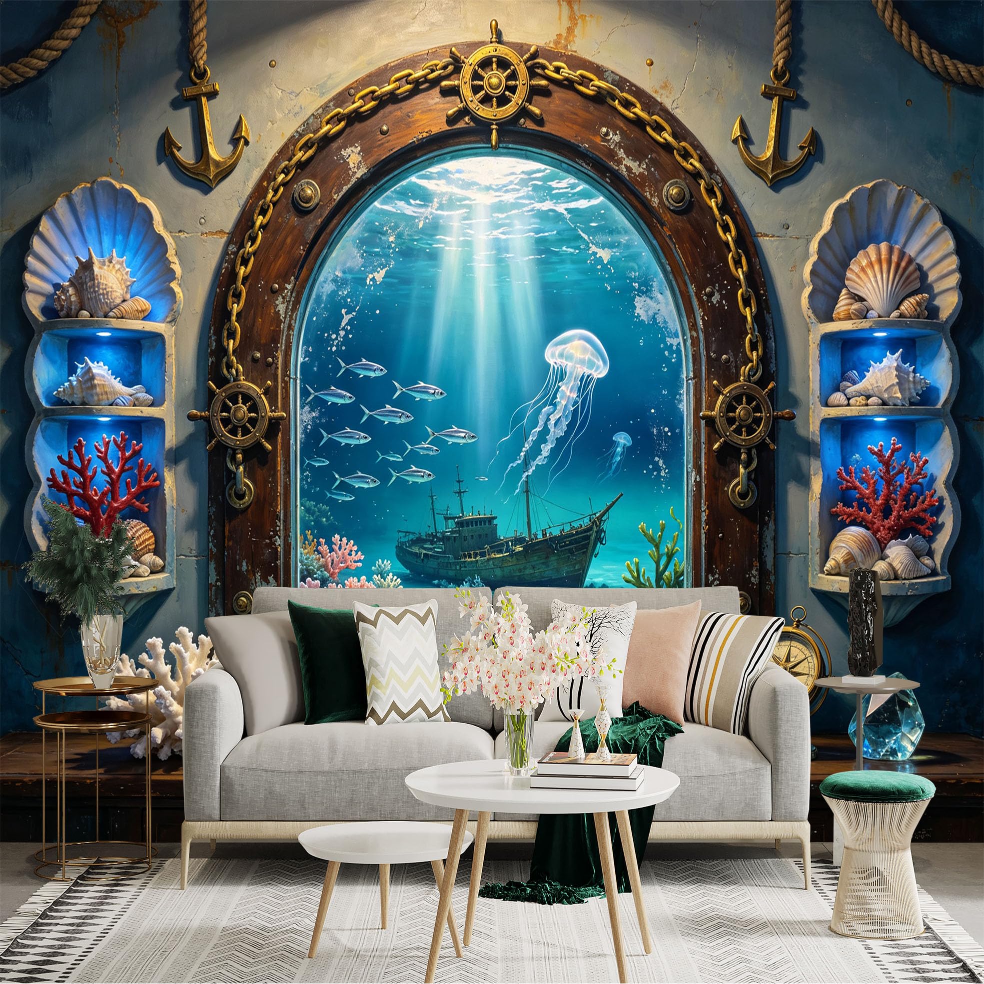Custom Size Wall Sticker Mural， Nautical Underwater Shipwreck Coral Reef Jellyfish Ocean View， for wall Decoration， peelandstick wall Decals.