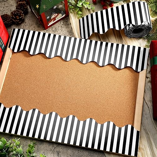 Miniatura 7 de Tablero de anuncios festoneado de Navidad de 65 pies, borde autoadhesivo para aula, bordes a rayas, borde de línea ondulada para tablón de anuncios,