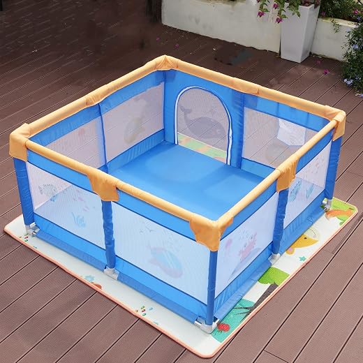 Dawnwake 120x120 cm Playpen for Baby up to 3 Years with Safety Lock &amp; Anti-Fall Grasp Rings, and Suction Cup (Non-Foldabl...