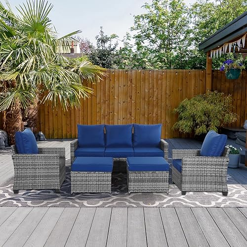 5 Piece Rattan Outdoor Patio Furniture Set, Weather-Resistant Outdoor Conversation Furniture with Ottoman, Outdoor Patio Modular Sofa Set with Thick Cushions and Backrest, Blue