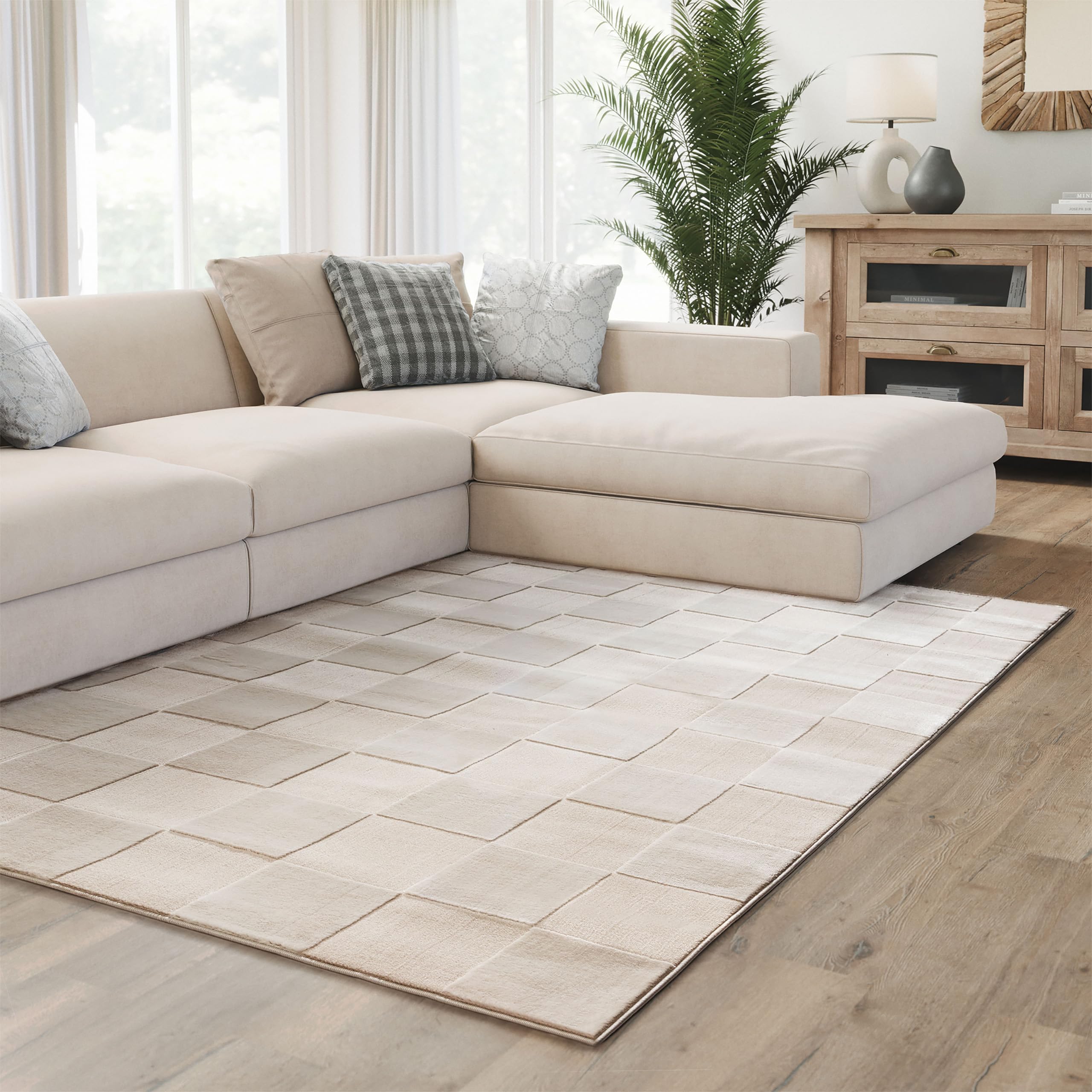 Interiyou Alfombra de pelo corto Cannes – 200 x 300 cm crema – Diseño bohemio escandinavo con efecto 3D alto y profundo – plana con patrón geométrico