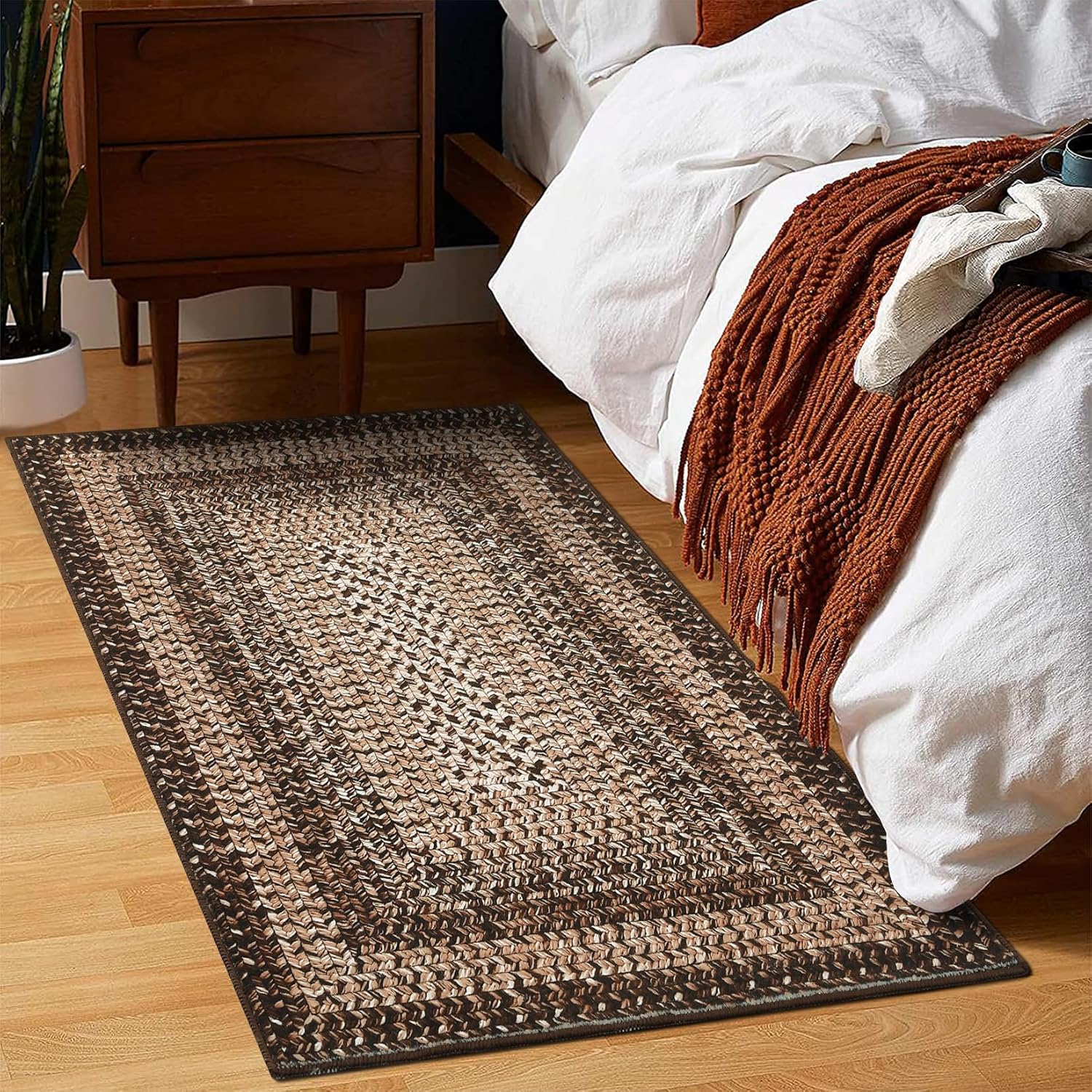 RUGSREAL 2x3 Entry Rug Small Bedroom Area Rug Braided Printed Mat for Living Room Farmhouse Kitchen Mat Indoor Non Slip Rustic Throw Carpet Machine Washable Rug for Sink Under Table, Brown Brown 2' x 3' (Rectangular)
