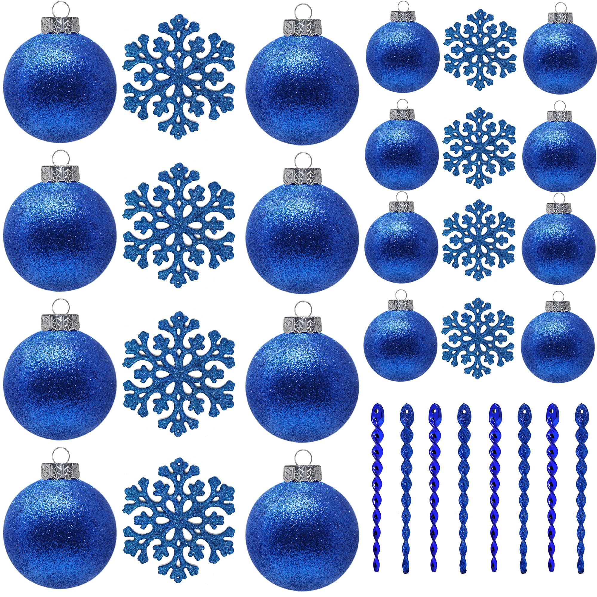 SLEETLY Blue Christmas Ornaments for Farmhouse Tree Holiday Xmas Decorations for Christmas, Shatterproof Plastic 3.15/2.36 Inch Glitter Snow Balls, Icicles and Snowflakes, Ornament Set of 32