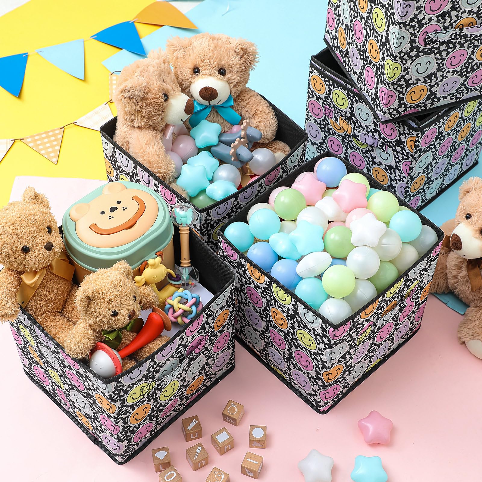 Wonderjune Faltbare Aufbewahrungswürfel, 27,9 cm, stabil, zusammenklappbar, mit Griff, Stoff-Organizer, Schublade, Faltkorb für Spielzimmer, Waschküche, Schrank (süßes Lächeln), 6 Stück