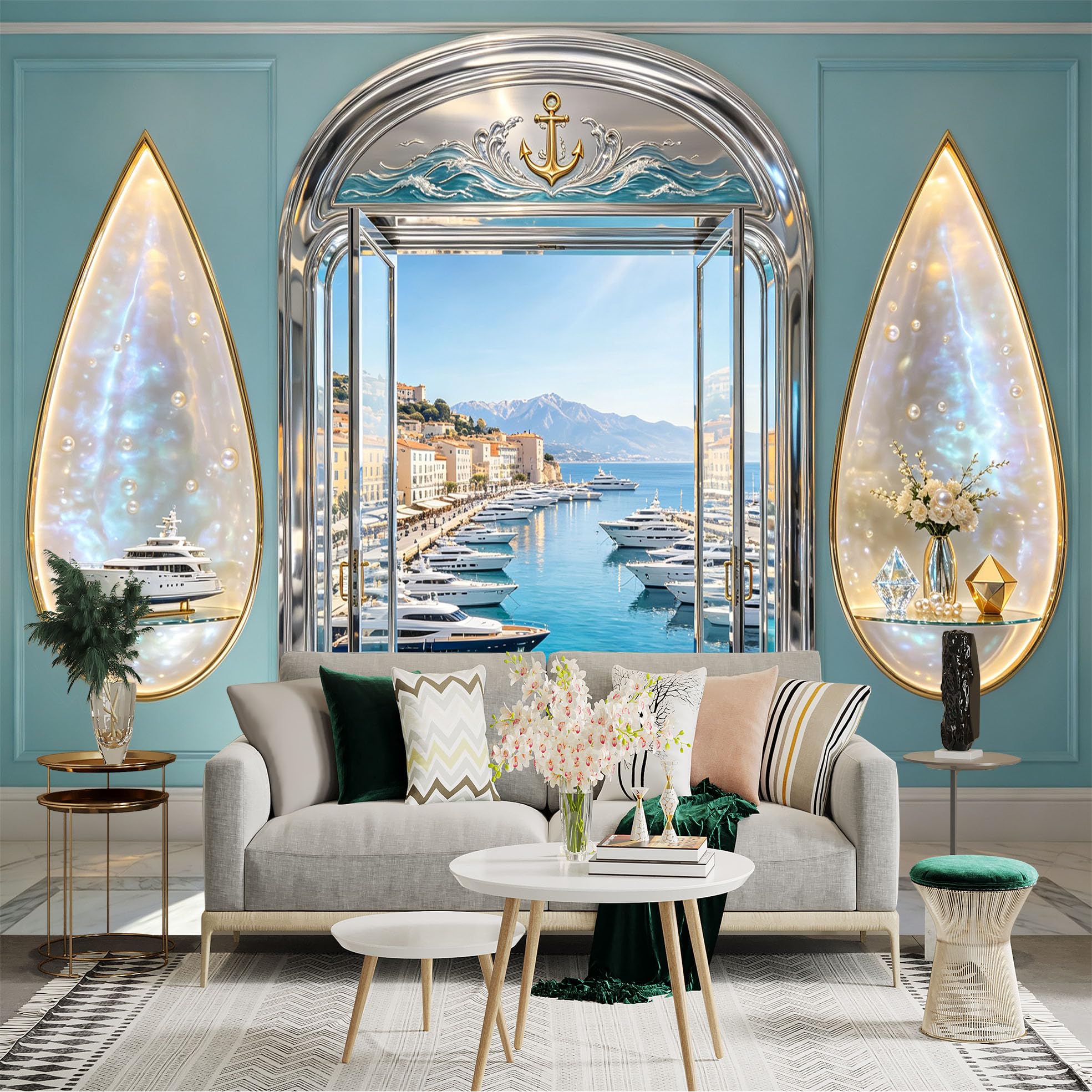 Custom Size Wall Sticker Mural， Luxury Marina Sea View， Yacht Harbor and Coastal Archway， for wall Decoration， peelandstick wall Decals.