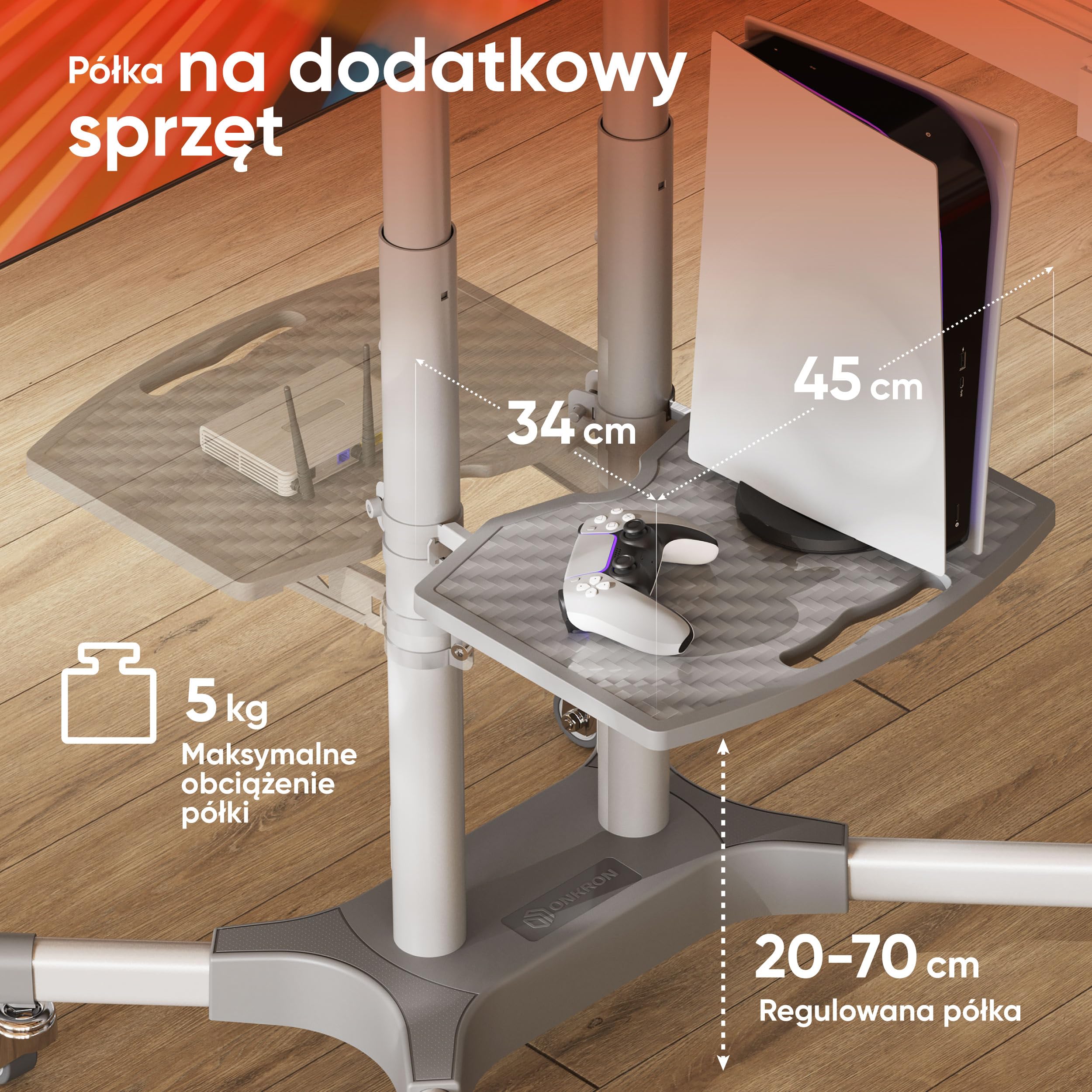 ONKRON Stojak na telewizor na kółkach dla ekranów 32" - 65" do 50 kg, regulowany na wysokość max VESA 600x400 - Uniwersalna podstawa TV/Wózek na telewizor z kółkami, biały TS1351-W