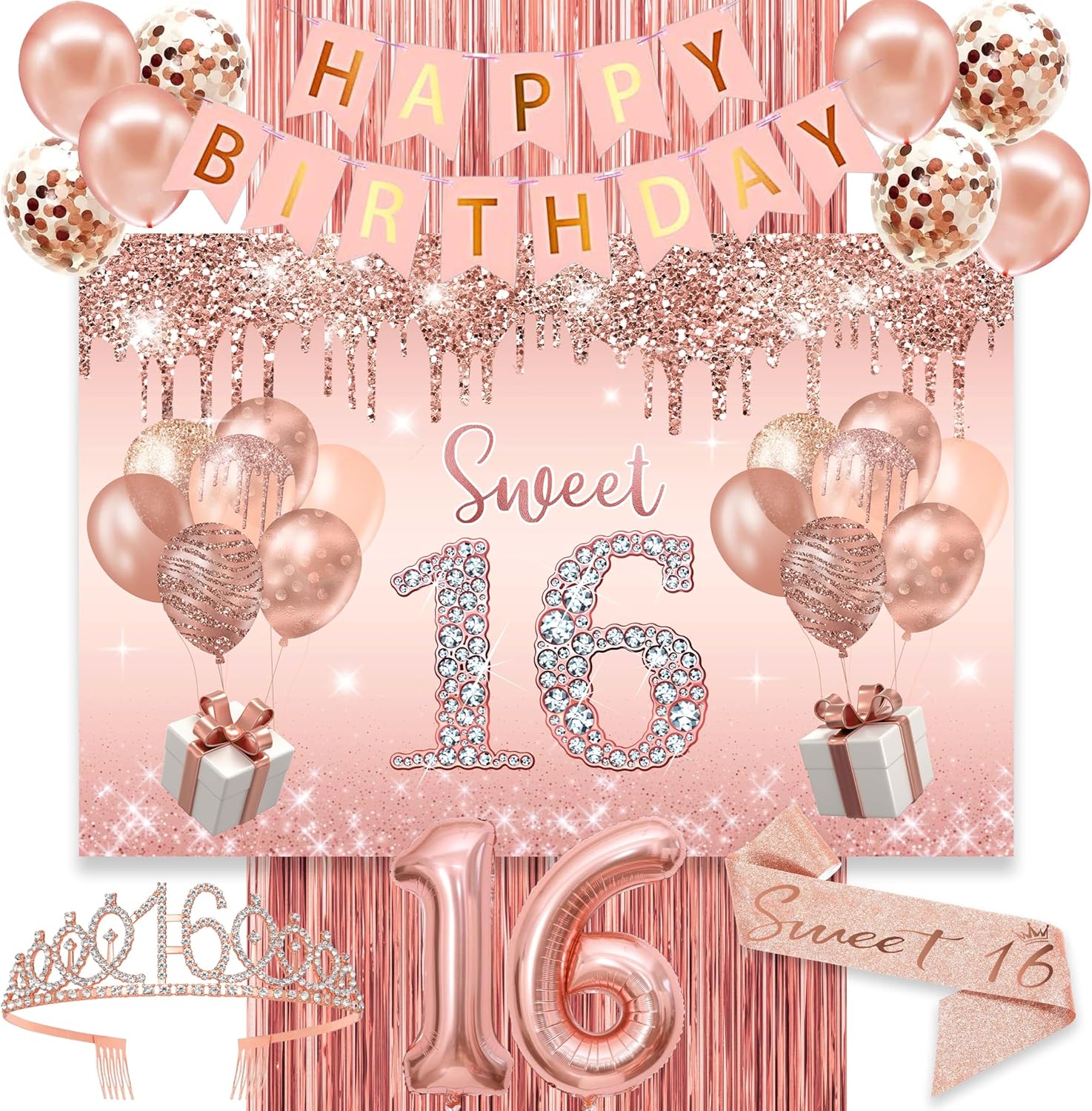 Sweet 16 Birthday Decorations for Girls, banner,Backdrop, it’s my 16th Birthday Sash, Sweet Rhinestone Tiara Crown,Balloons?16th?
