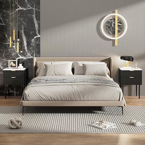 Miniatura 5 de Anbuy Juego de 2 mesitas de noche de mármol negro con mango dorado, mesita de noche a rayas con cajones, mesa auxiliar con parte superior de mármol