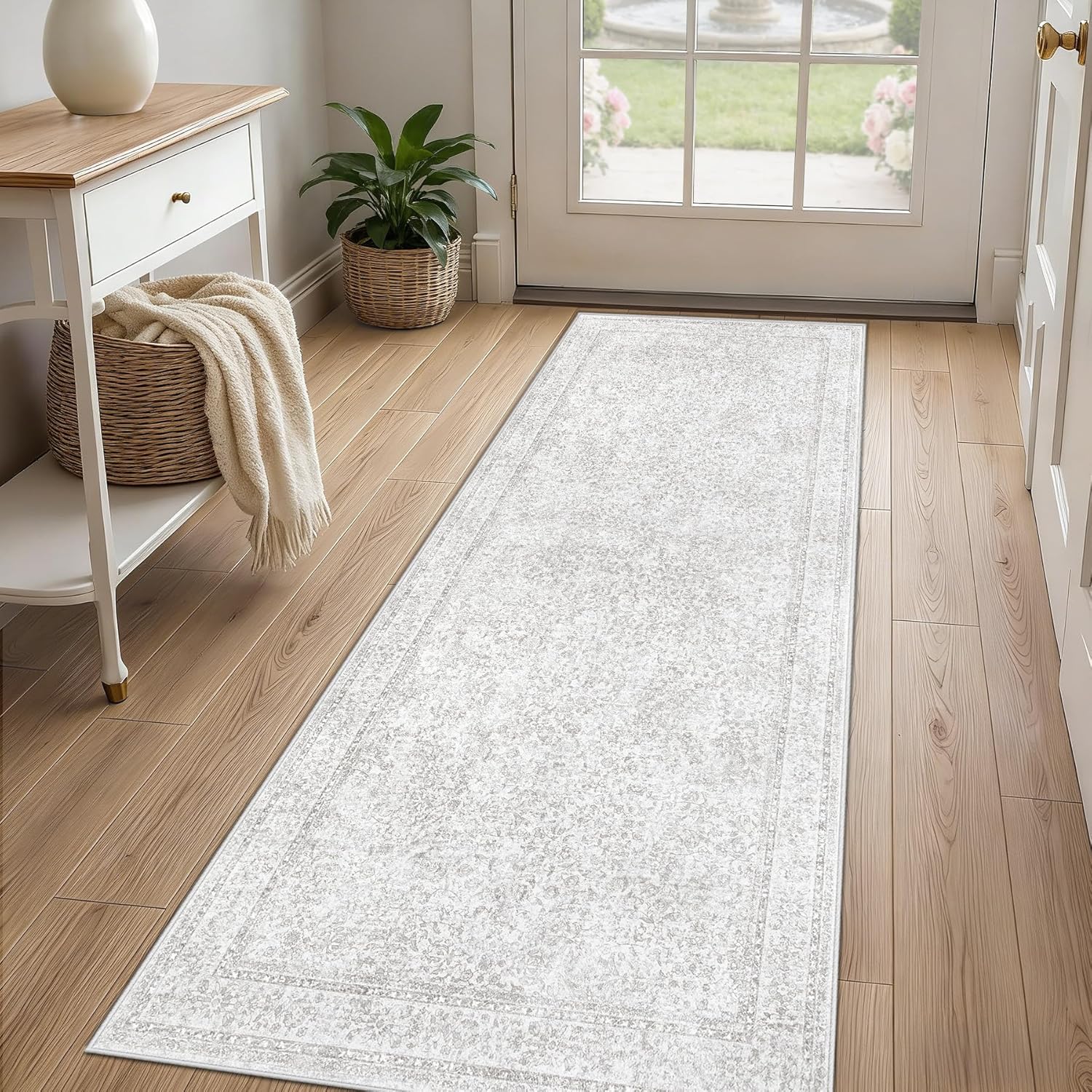 2x8 Hallway Runner Rug: Washable Vintage Floral Entryway Rugs Low Pile Non-Slip Boho Carpet for Kitchen, Bedroom, Bathroom, Dining Room (FloralGrey, 2'x8')