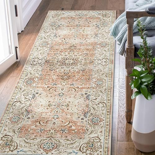 jinchan Alfombra de pasillo lavable de 2 x 10 pies, color rubor envejecido, suave, alfombra floral, alfombra retro vintage para interiores, alfombra