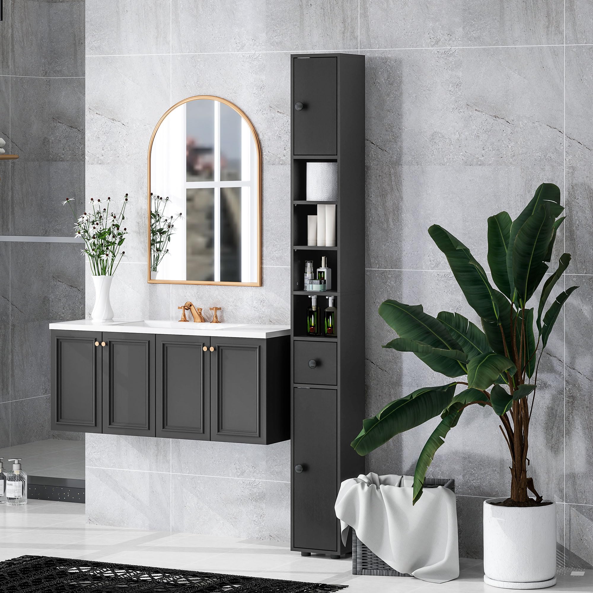 kleankin Armario de Baño Alto, Columna de Baño Estrecha con 1 Cajón, 4 Estantes Abiertos y Estantes Ajustables, 2 Puertas, Estilo Moderno, para Espacios Pequeños, 20x20x180 cm, Negro