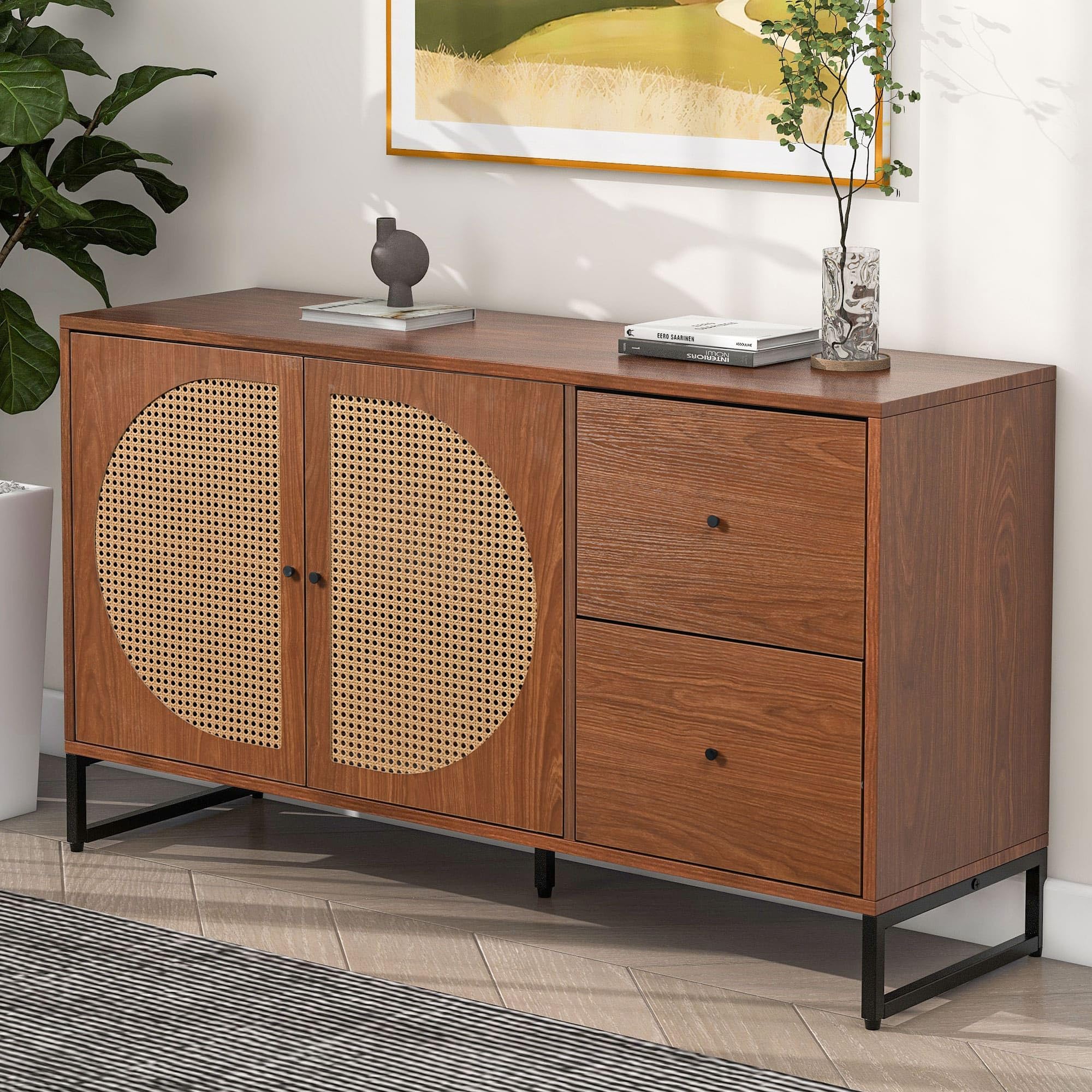 Armadietto portaoggetti Credenza da buffet, mobiletto da cucina in stile con ante in rattan, mobiletto in stile con piedini in legno massello, mobile credenza for corridoio, ingresso, soggiorno Armadi