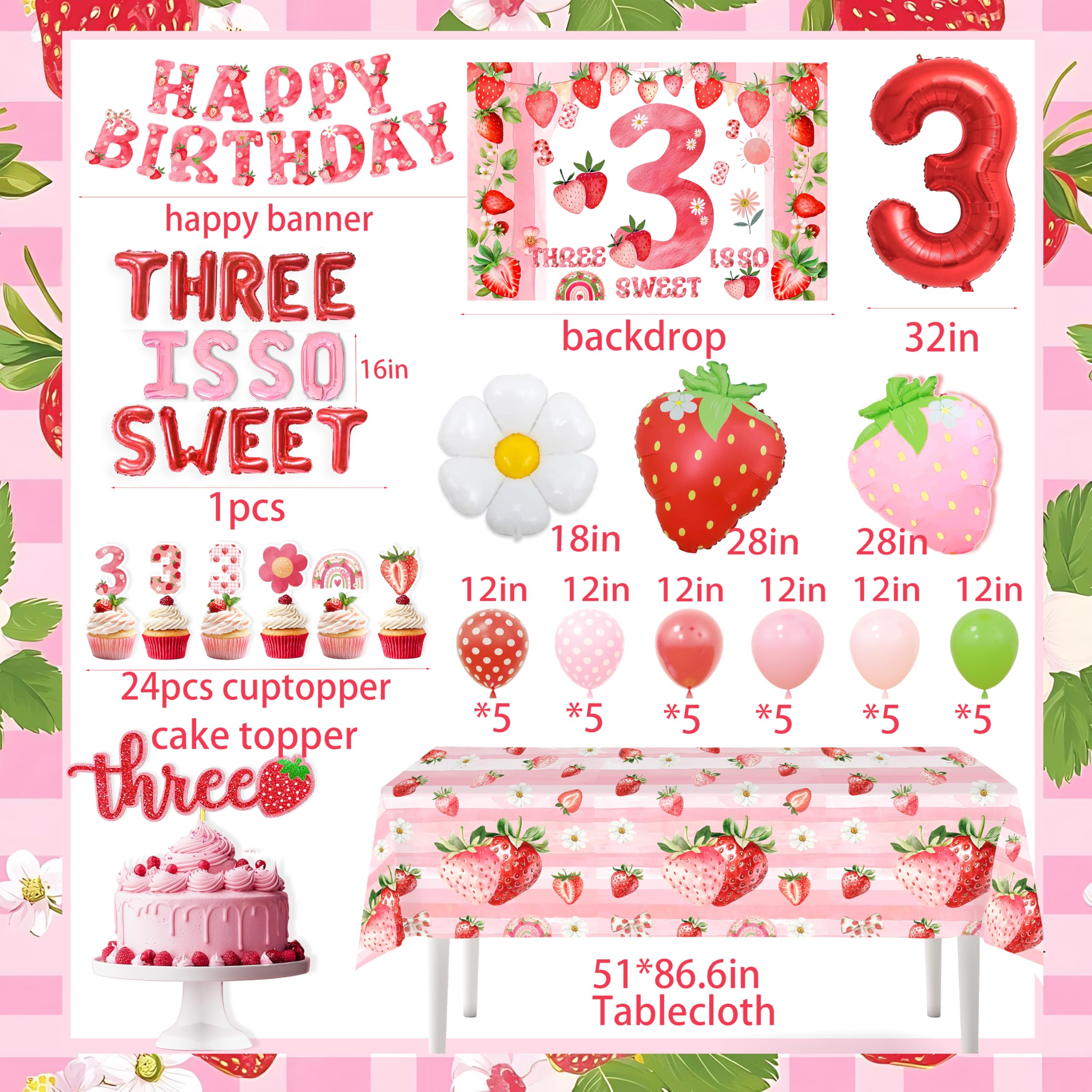 Strawberry 3rd Birthday Decorations Girl Three is so sweet Party Pink 3rd Birthday Party Supplies Decorations Backdrop, TableCloth,Strawberry Balloon,Cake Topper,Balloons,Cupcake Topper