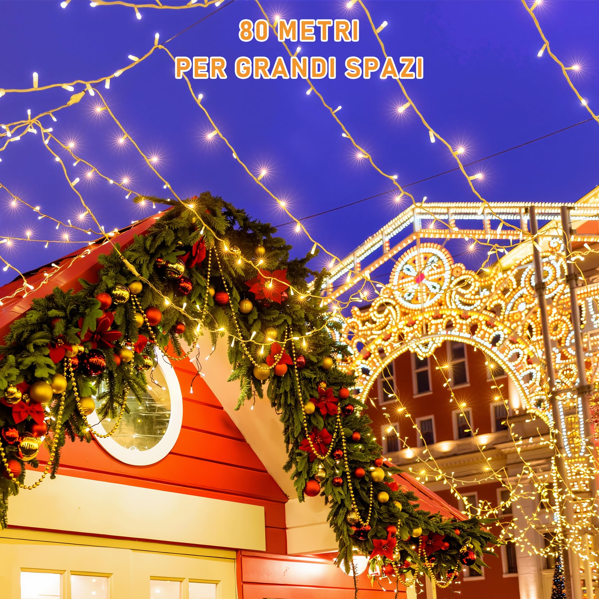 HeiPard Catena Luminosa Esterno Interno 80M, Luci Albero Natale Esterno | 800 LED Bianco Caldo Impermeabile Lucine da Esterno Giardino con 8 Modalità e Memoria per Balcone, Casa, Festa, Nozze