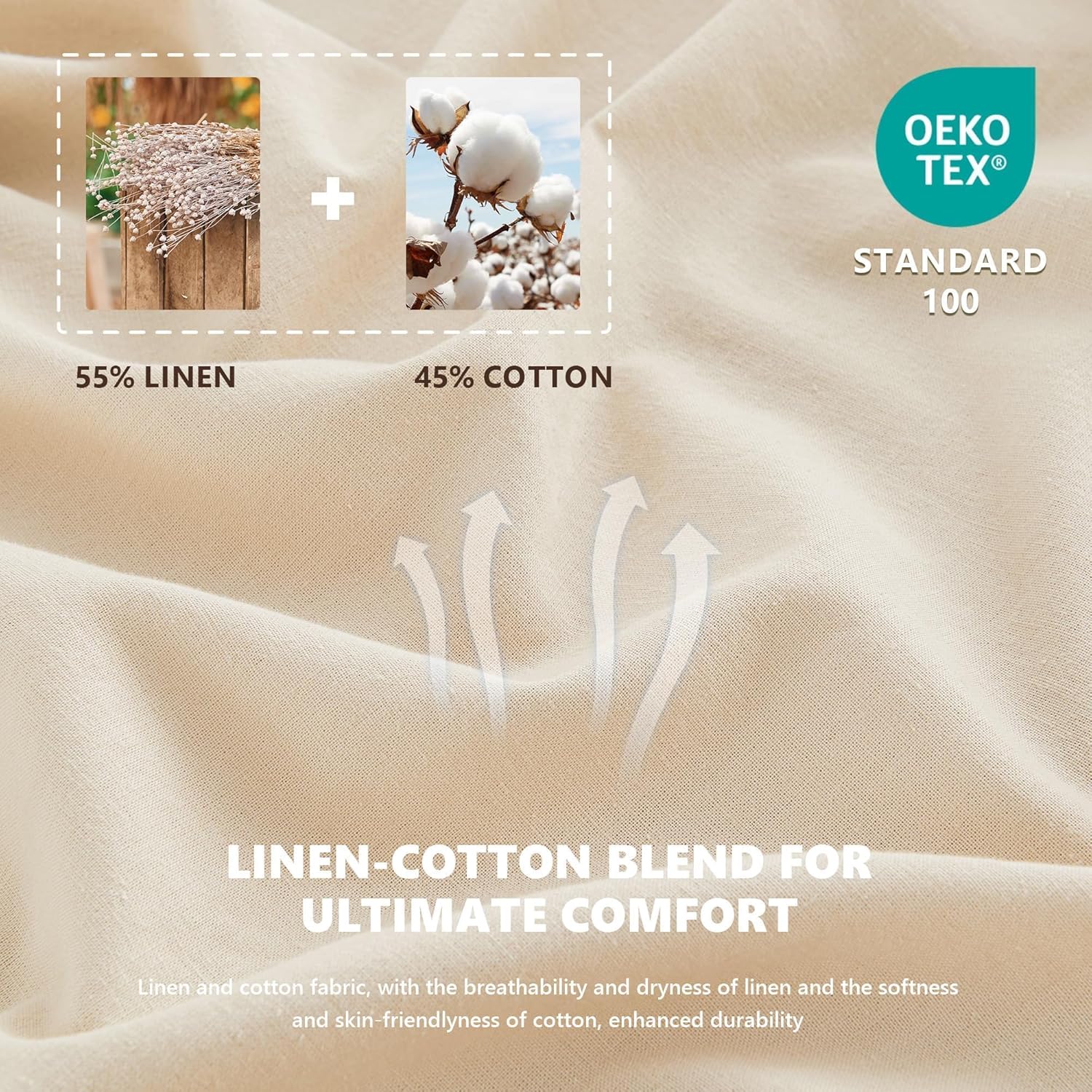 Flax Linen Cotton Sheet Set King Size, 4Pcs Natural Linen Blend Bed Sheet with 1 Flat Sheet, 1 Fitted Sheet & 2 Pillowcases, Soft & Breathable Farmhouse Bedding Set for Hot Sleepers (Linen, King) - Image 3
