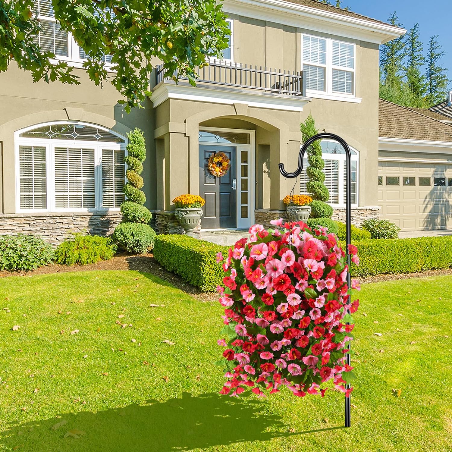 Homsunny Artificial Faux Hanging Flowers Plants Baskets for Outdoor Spring Summer Decorations,Resistant Fake Morning Glory Silk Plants for Outside UV Resistant Patio Yard Home Porch Decor(Rose red) - Image 2