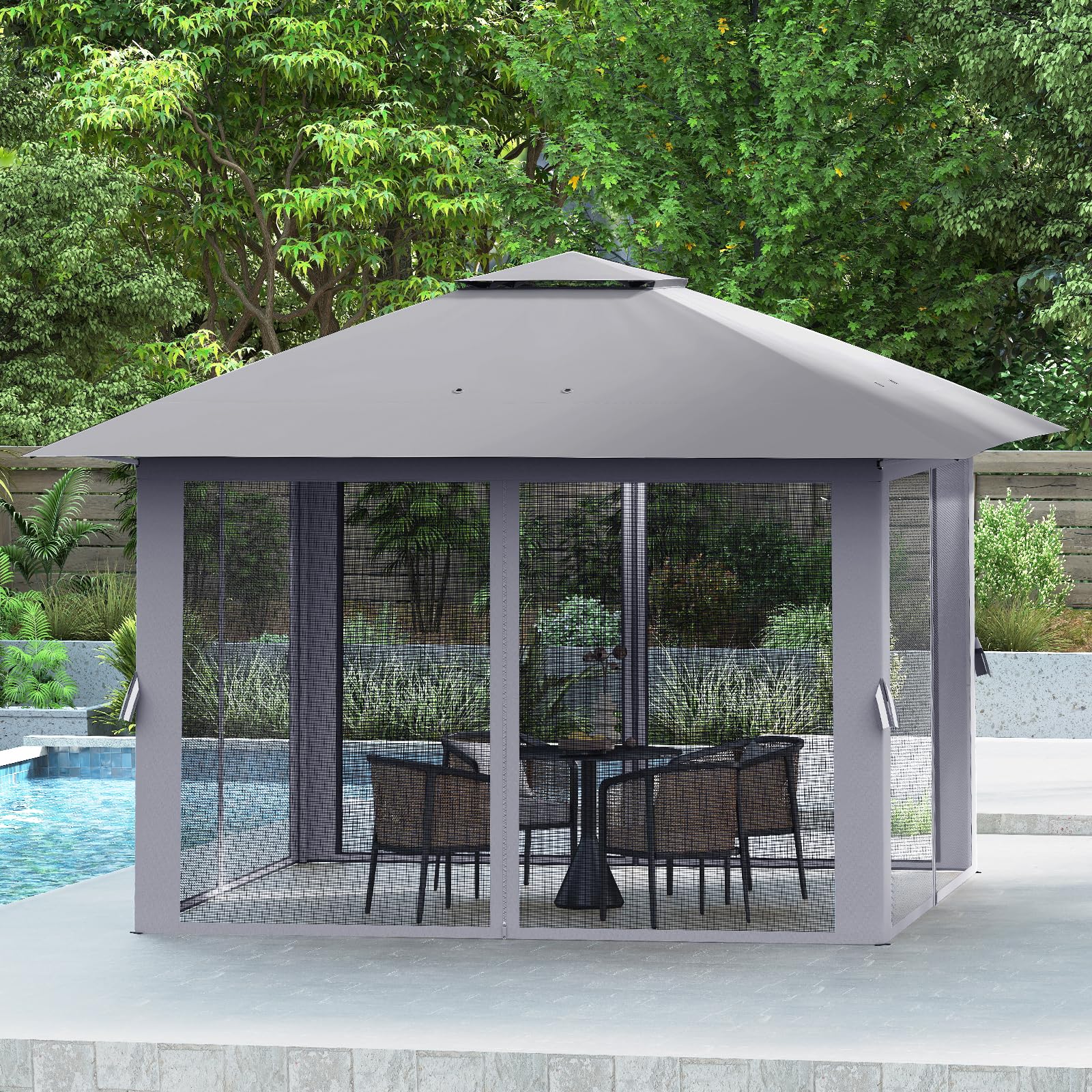 COSTWAY Pavillon 4x4 m, Pop Up Faltpavillon mit 4 Moskitonetz & Doppeldach & Metallrahmen, Wasserdicht & Stabil & Winterfest, Gartenpavillon inkl. Tragetasche, Partyzelt für Terrasse Garten, Grau