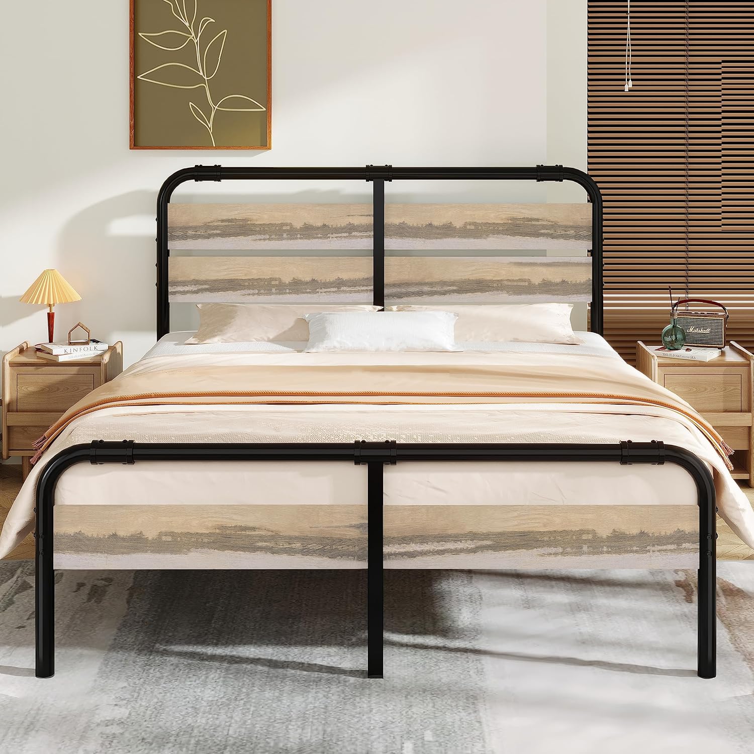 King-Bed-Frame with Wood-Headboard - Heavy Duty Platform Bed with Solid Slats Support, No Box Spring Needed,Easy Assembly,Grey Oak