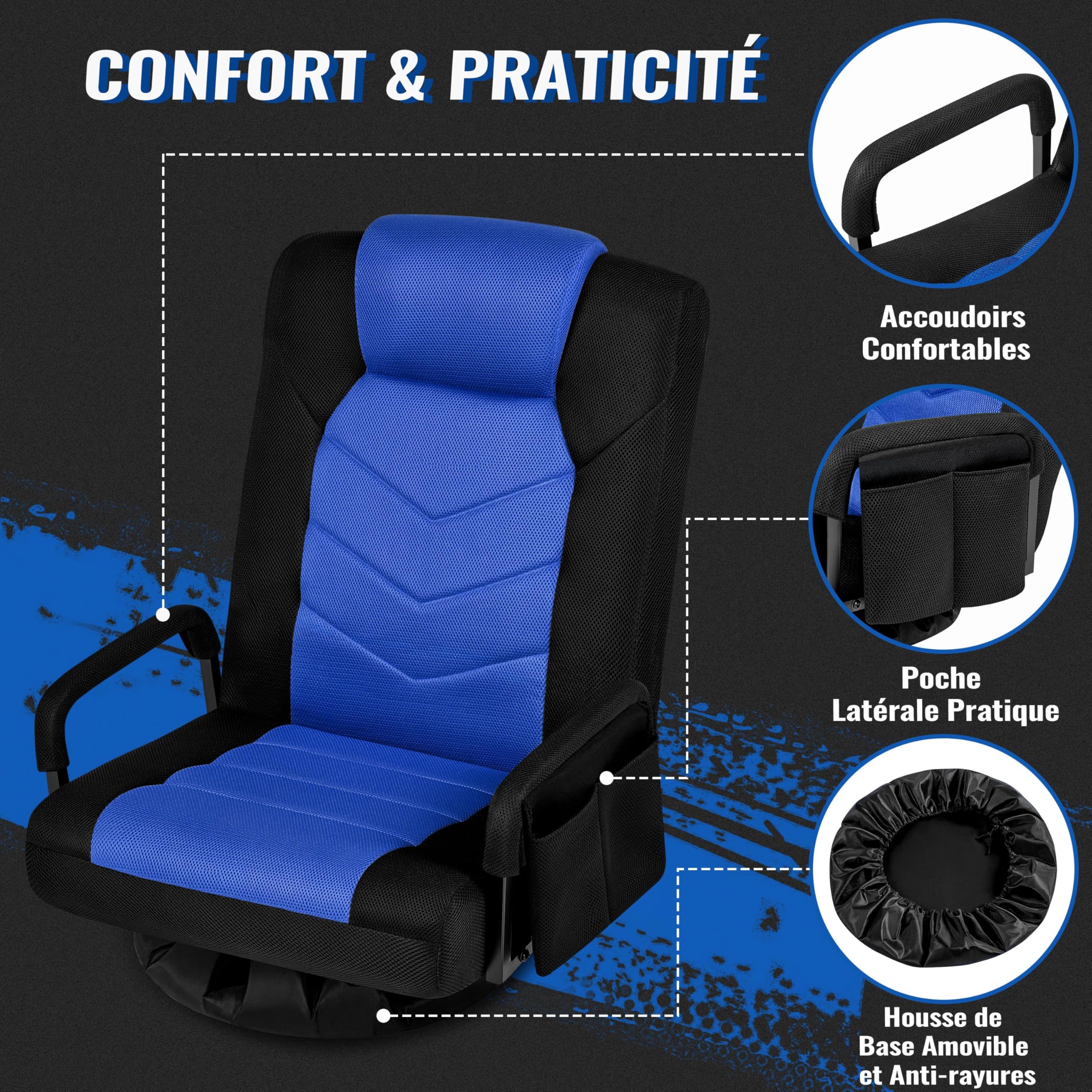 Yaheetech Chaise Gaming au Sol avec Dossier Pliable à 6 Positions Réglables et Support Lombaire, Fauteuil Gaming Pivotant à 360° avec Accoudoirs, pour Adultes, Adolescentes, Enfants, Noir/Bleu