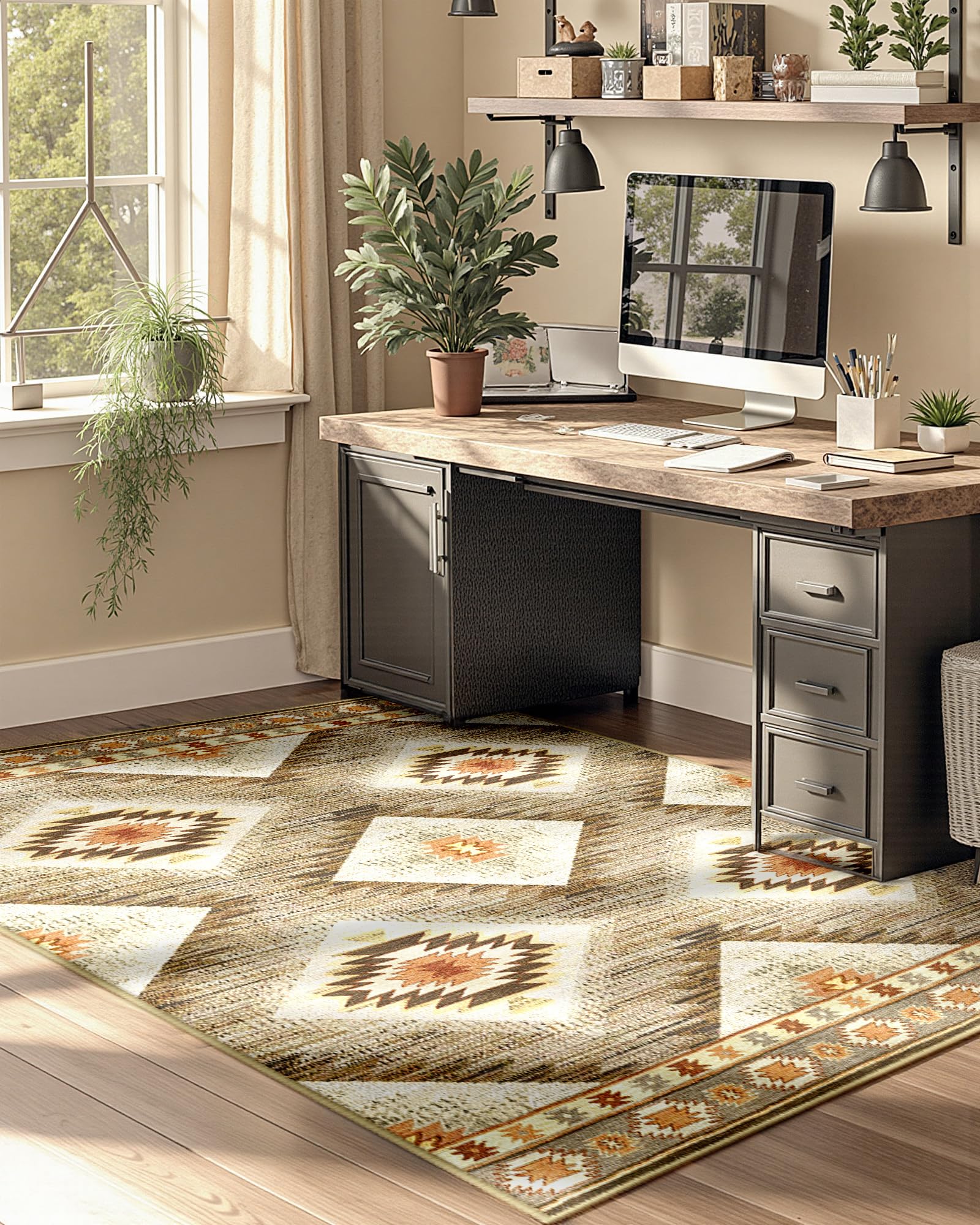 Area Rug 3x5 Rug Machine Washable Non-Slip Low Pile Print Pattern Western Rug for Living Room Bedroom Entryway Tribal Series -Cream/Camel