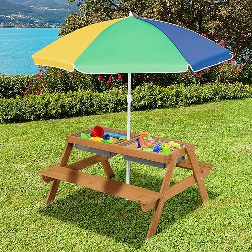 KOTEK Mesa de picnic para niños, mesa de arena y agua 4 en 1 con mesa desmontable, 2 cajas de juego extraíbles, paraguas plegable y ajustable en