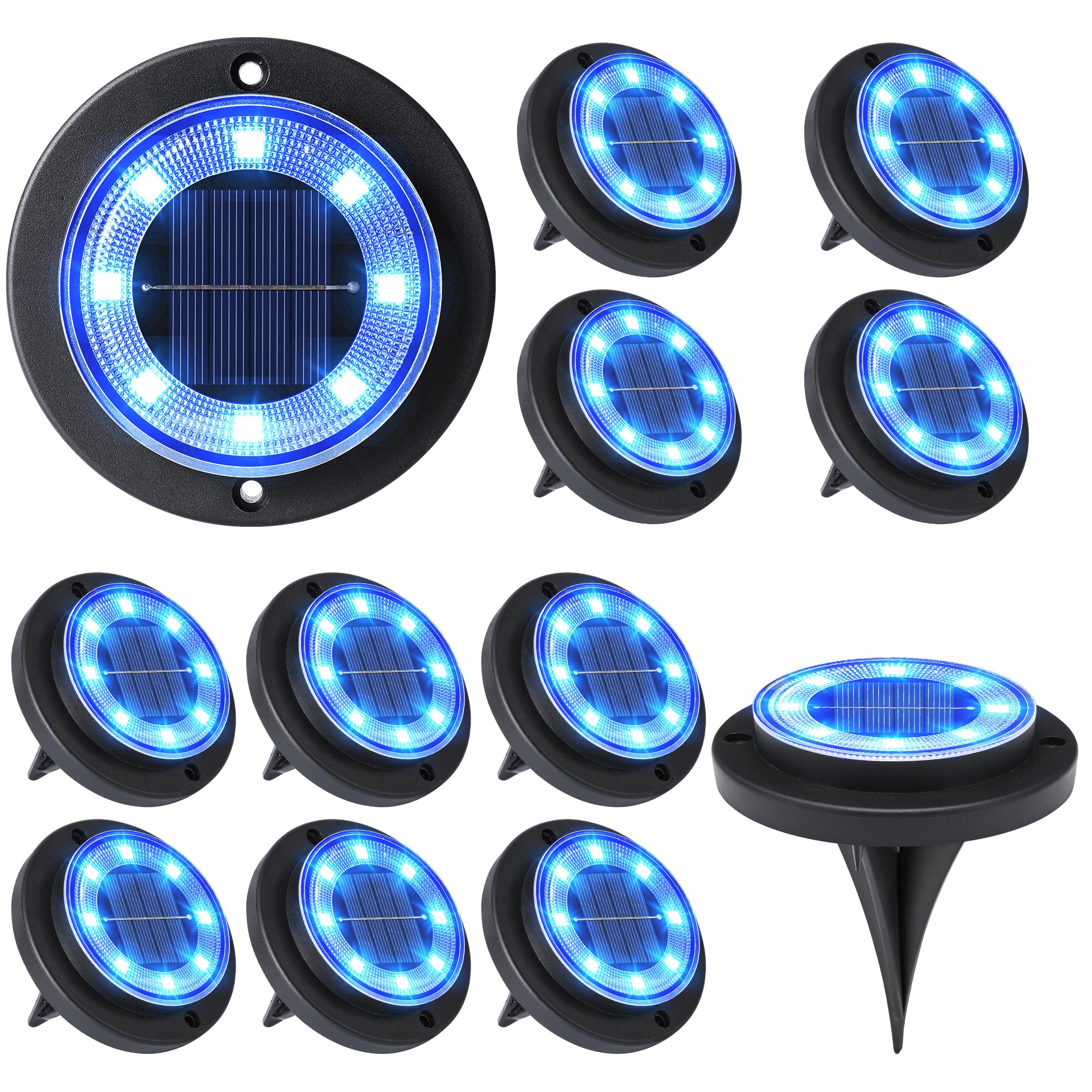 Flacchi Solar Lights Outdoor Waterproof - 2-in-1 Solar Powered Ground Lights Outdoor Solar Disk Light Landscape Light for Deck Step Patio Yard Pathway Walkway Driveway Garden (Blue, 12 Pack)