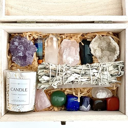 Kit de cristales curativos, juego de iniciación de cristal de piedras de chakra, kit de manchas de salvia y vela de relajación, protección +
