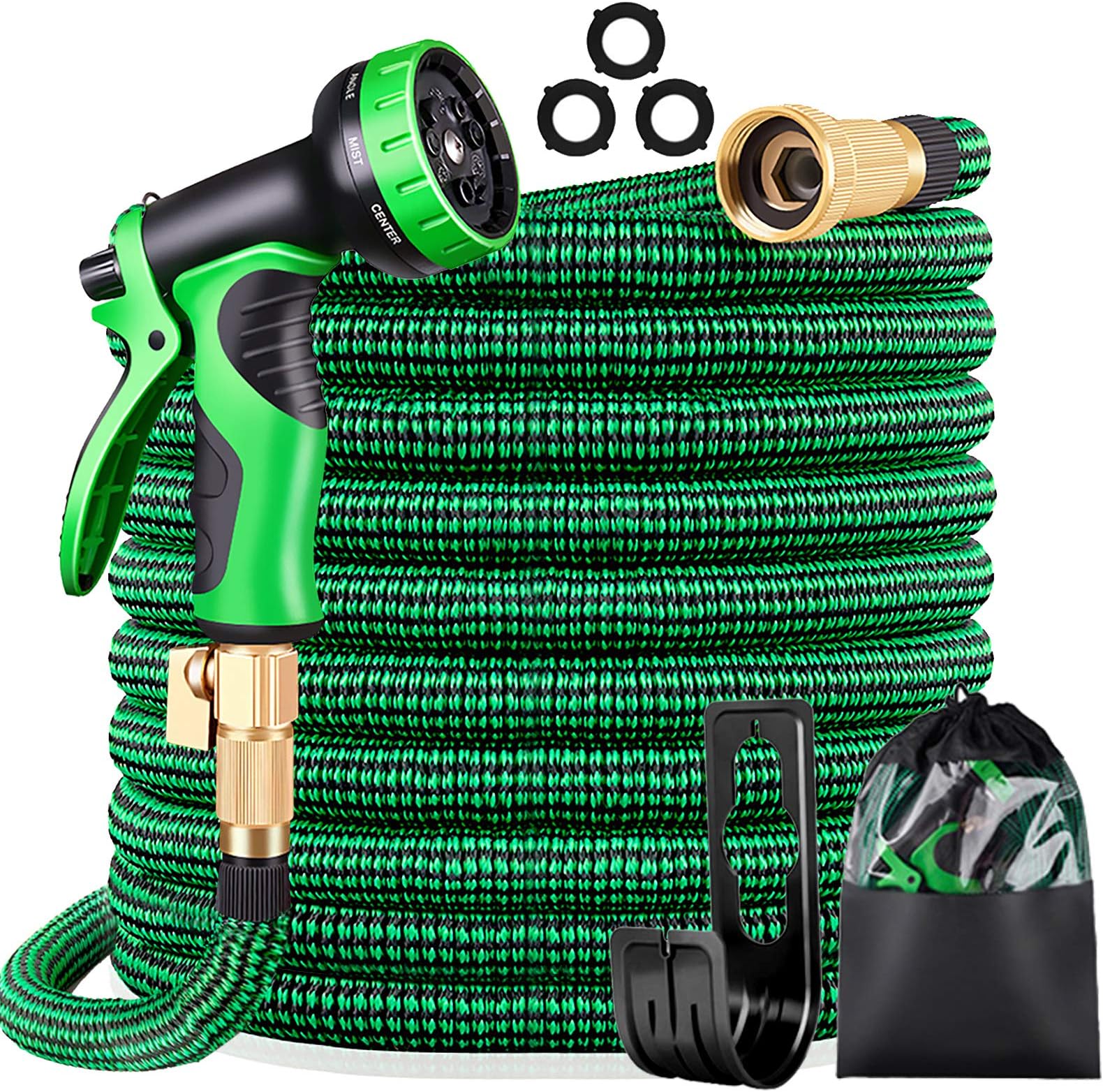 Expandable Garden Hose with 9 Function Nozzle,Durable Flexible Water Hose,3/4" Solid Brass Connectors,Extra Strength Fabric, Lightweight Expanding Hose(30ft)