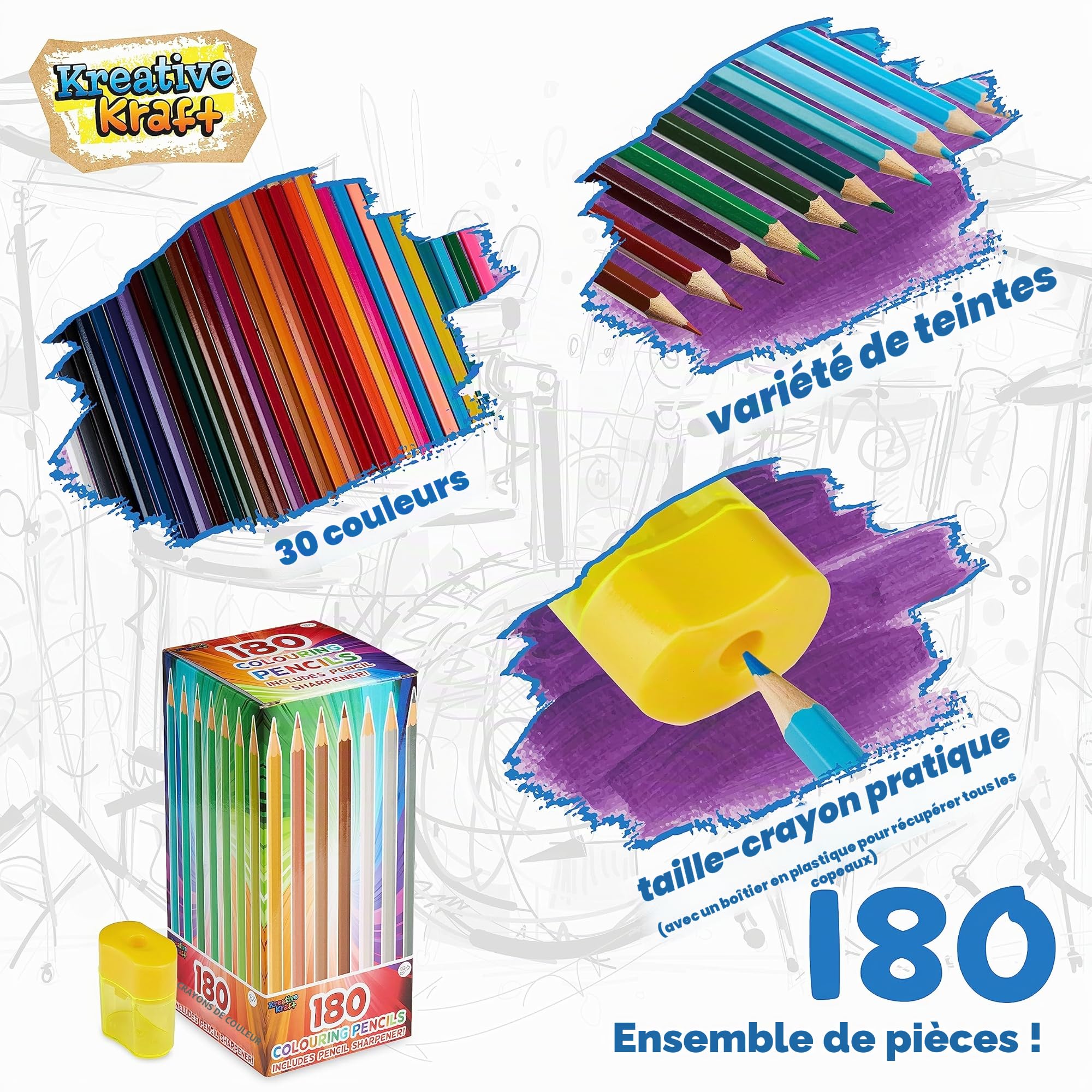 KreativeKraft Lot de 180 crayons de couleur pour enfants, adolescents et adultes – Taille-crayon de 30 couleurs inclus – Fournitures artistiques
