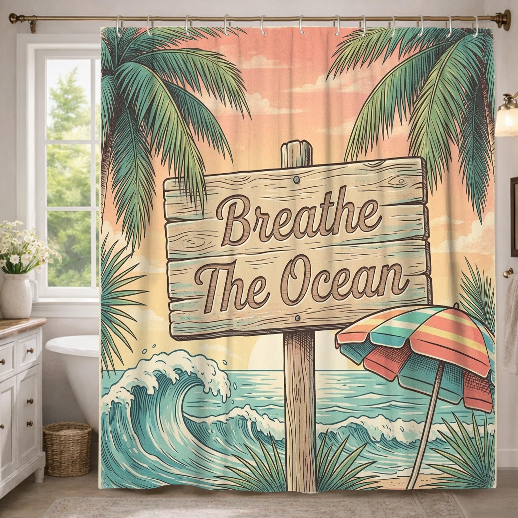 Rideau de douche extra long motif vagues de palmier bleu en polyester