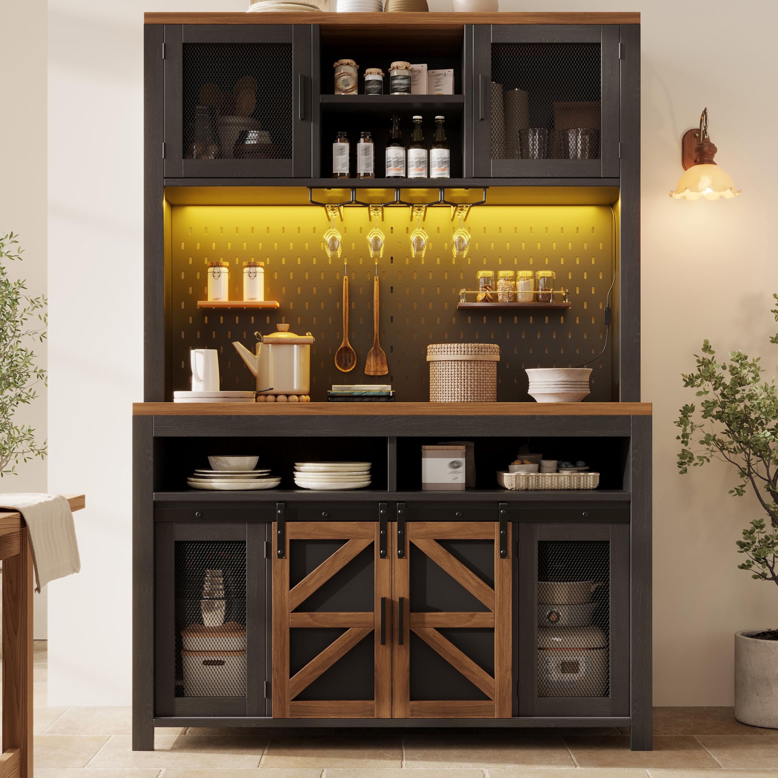 Buffet de Cuisine Haut 174,5 cm avec Plan de Travail, LED RGB, USB et Prise Intégrée, Panneau Perforé, Portes Coulissantes et Rangements Multifonctions, Noir-1
