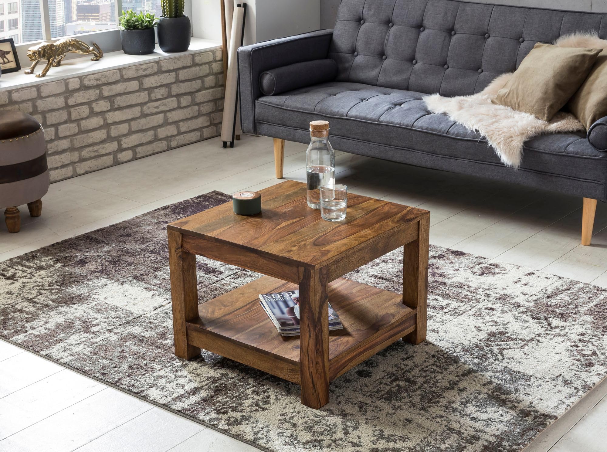 Wohnling WL1, 570 mesa de 60 x 45 cm madera de palisandro | Mesa de salón cuadrada de estilo rústico, mesa de sofá maciza con veta única, mesa de centro de madera