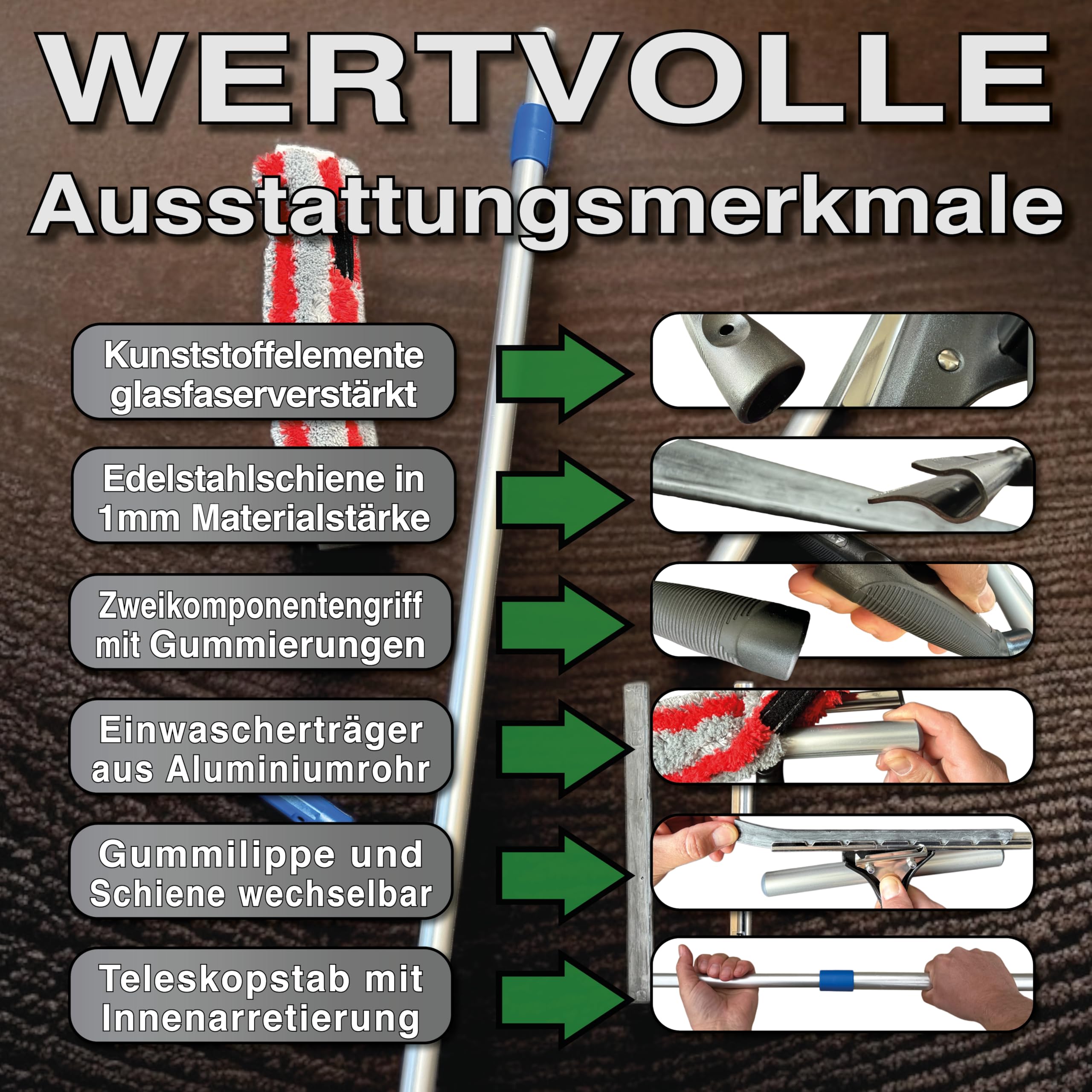 FenWi 3m Teleskop Fensterputzer Profi Set mit 25/30cm Kombi Einwascher/Abzieher, Gummilippe, Kombi Fensterwischer und 300cm Alu Teleskopstange für Wintergarten Fenster und Solaranlagen Reinigung