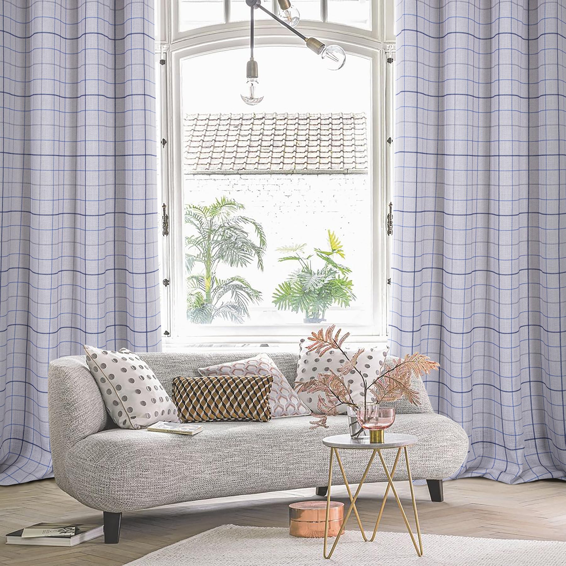 always4u Linen Look Curtains Eyelet Printed Check Curtains Semi-sheer Plaid Drapes for Living Room Bedroom Decoration Modern Textured 1 Pair Beige Blue W90 x L90 Inches