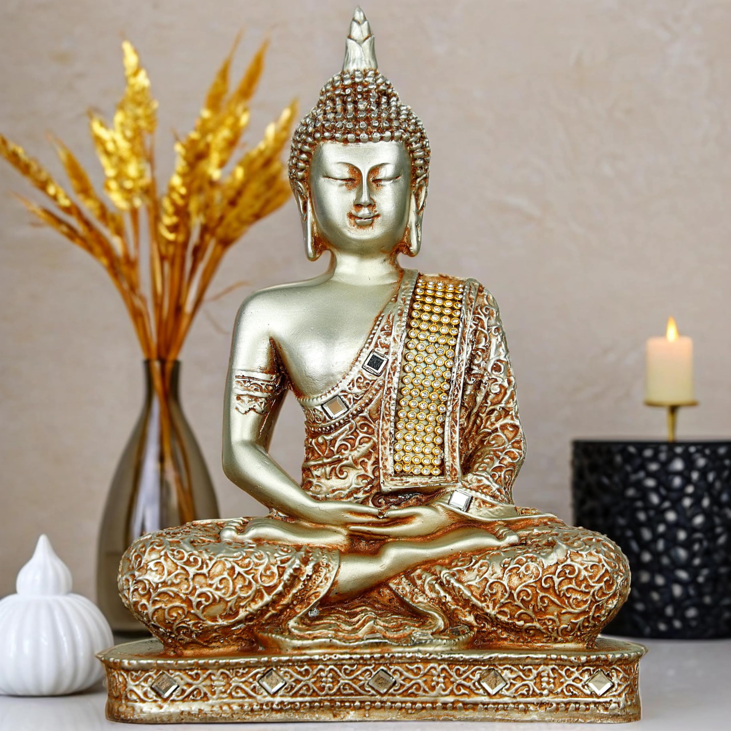 New 25 Centimetre Meditating Sitting Buddha Statue showpiece Idol Home Decor Items for Living Room and Gifts (Silver3)