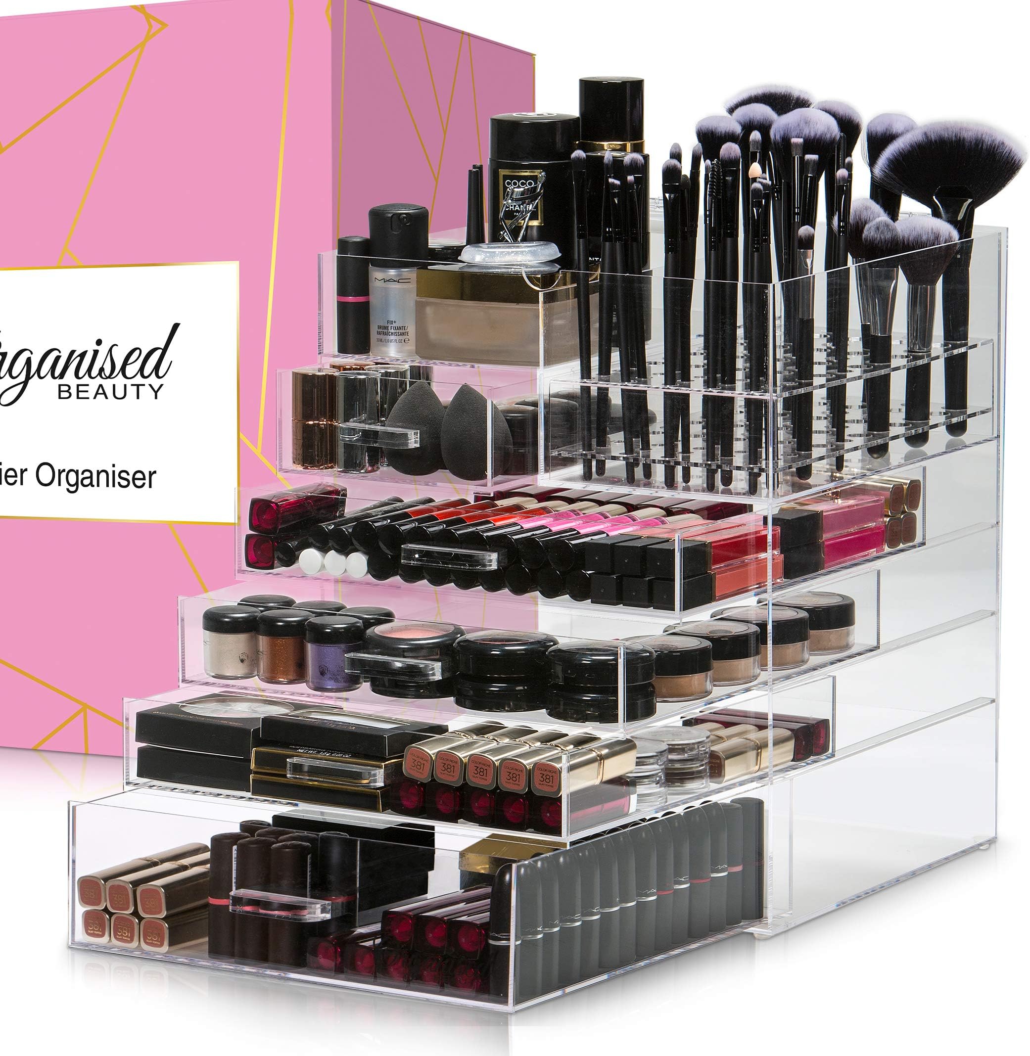 Large 6 Tier Acrylic Makeup Organiser Storage Cube Clear | Cosmetic Makeup Organiser 5 Drawer & Removable 52 Piece Makeup Brush Storage | By Organised Beauty