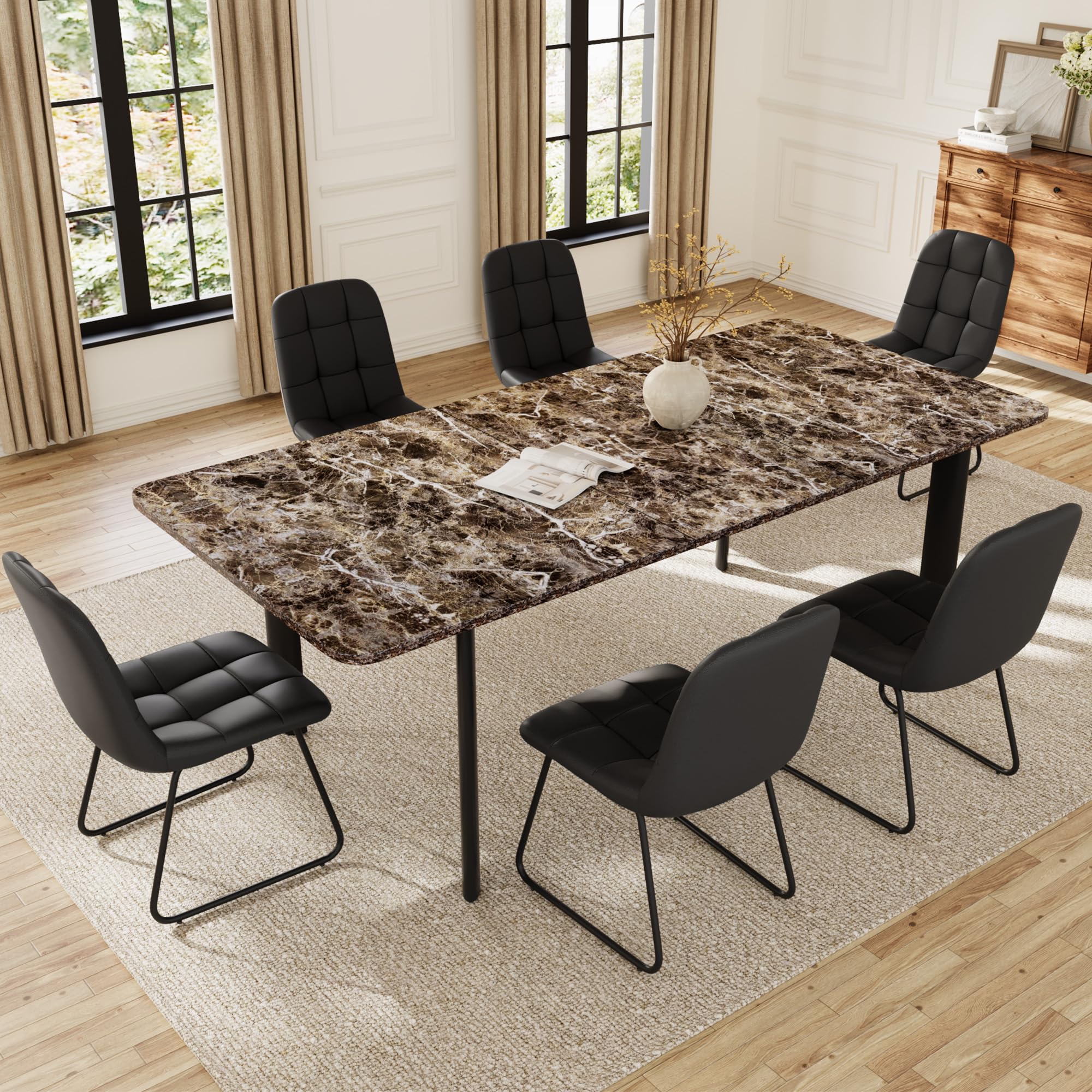 Extendable Dining Table Set for 6-8 People, 63 to 78.7 Inch MDF Kitchen Table with 6 Upholstered Chairs, Space-Saving for Dining Room, Breakfast Nook (Brown Table & 6 Black U-Shaped Chairs)