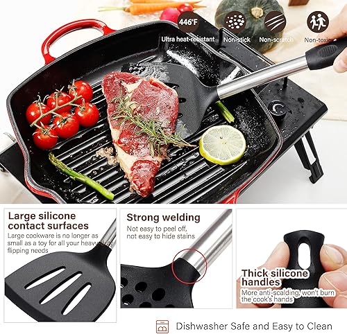 Miniatura 2 de NCUE Juego de utensilios de cocina, 35 piezas de utensilios de cocina de silicona con soporte, con mango de acero inoxidable, cucharas, servidor de