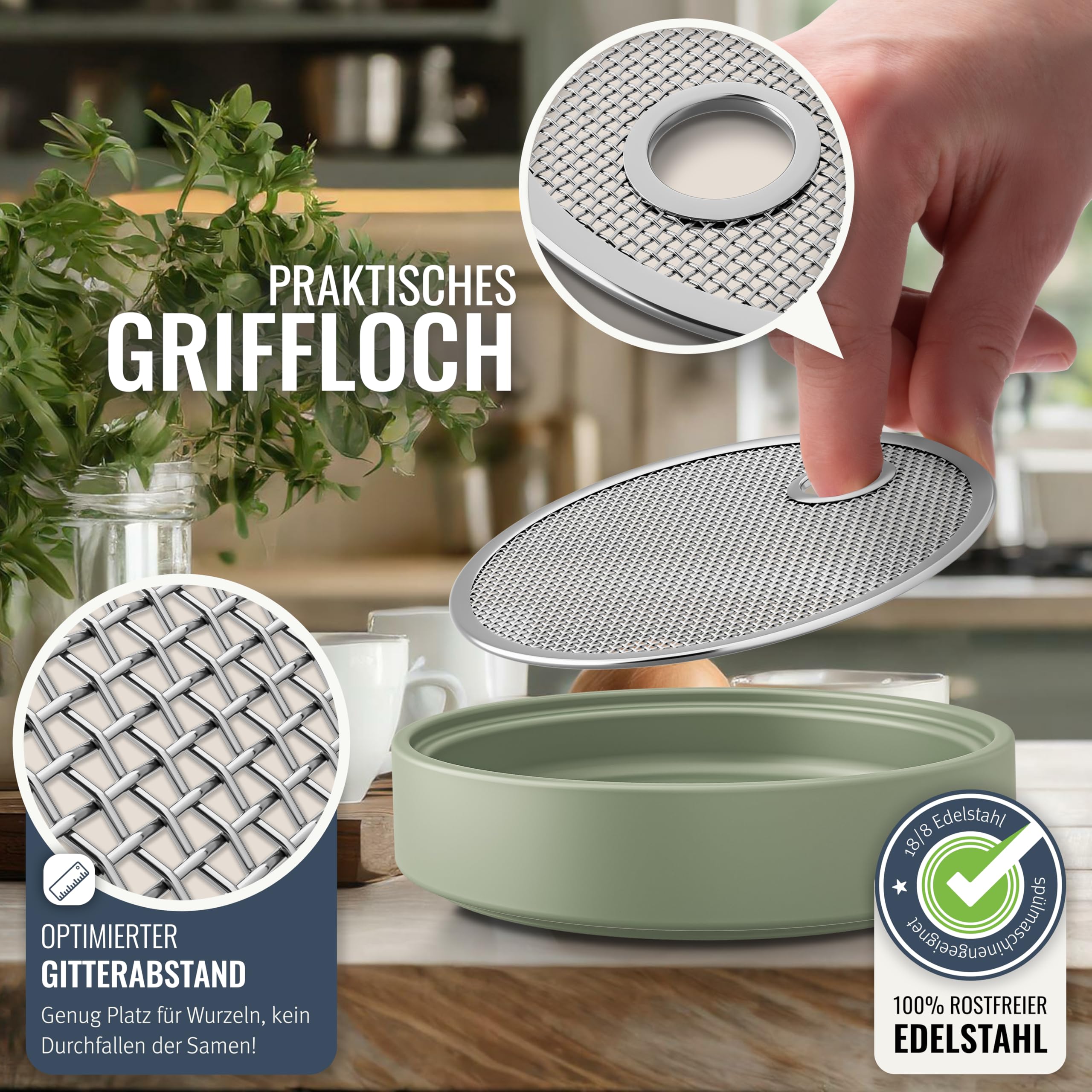 seed&eat Kressesieb (13cm) - 2er Set, Anzuchtschale für Kresse & Microgreens, mit Sprossenheft [E-Book], Keramikschale + Edelstahlsieb
