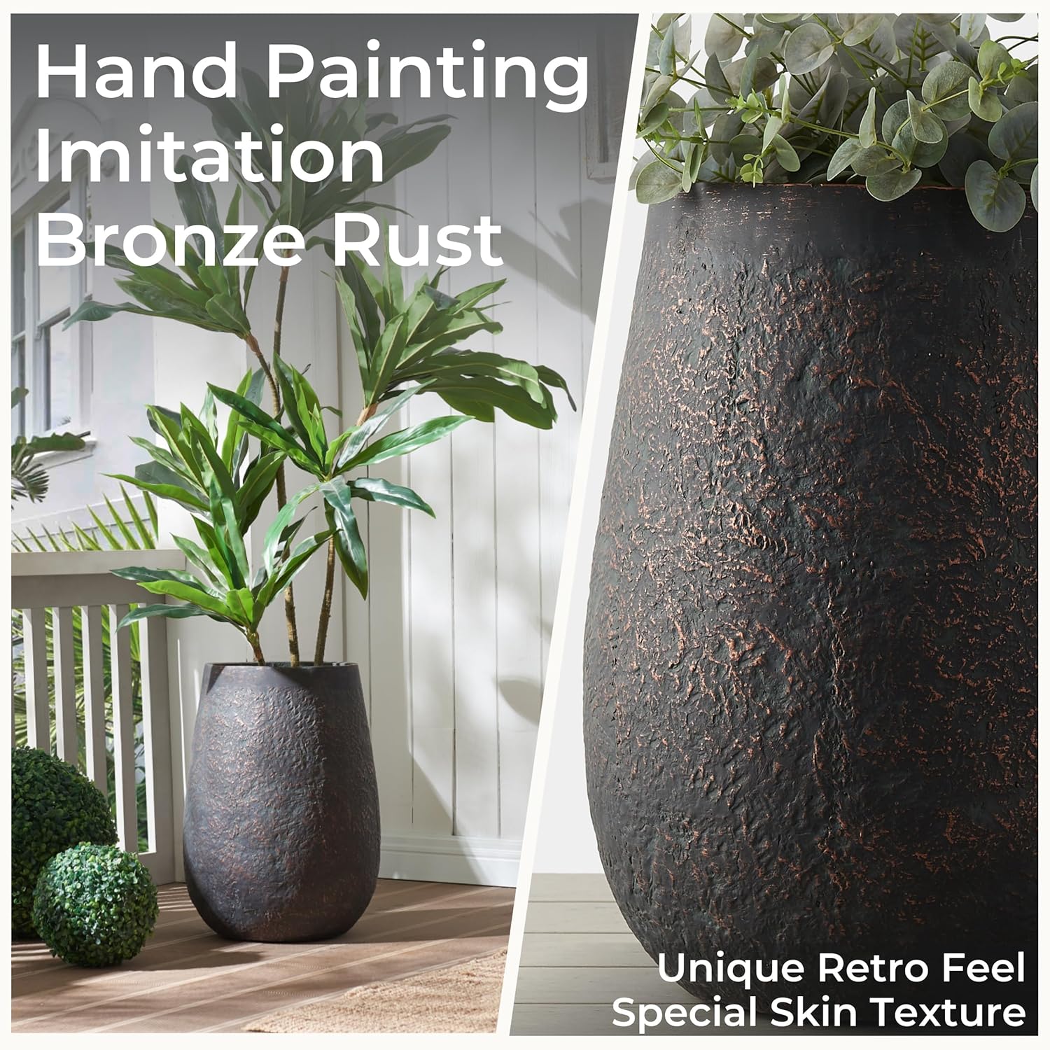 Weathered Concrete 19.7 Inch Tall Planter, Large Decorative Flower Pot with Drainage Hole, Round Plant Container for Home, Garden, Patio, Courtyard, A Dusting of Bronze Rust with Green Tone, 1 Pack