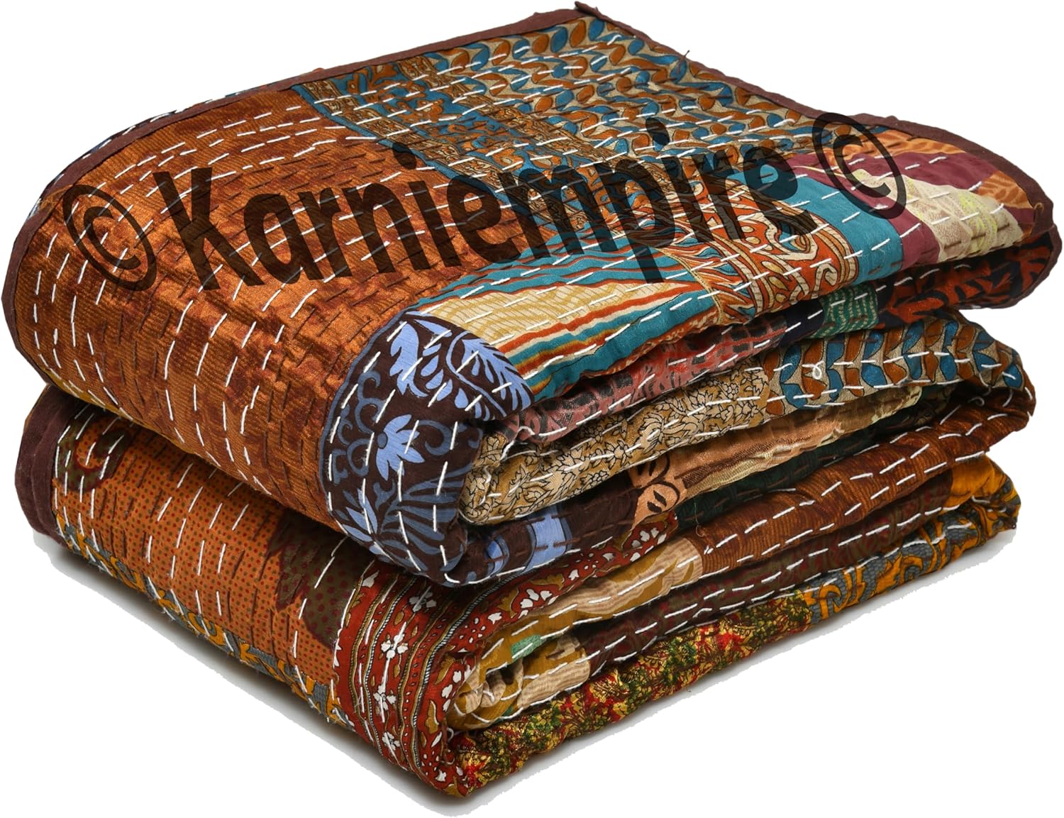 Indian Patchwork Kantha Quilt Throw Handmade Silk Sari Patola Ethnic Reversible Bohemian Bedding Bedspread Vintage Stitched Boho Gudri Blanket Bed Sofa Cover Decorative (Twin [60"X90"], Brown)