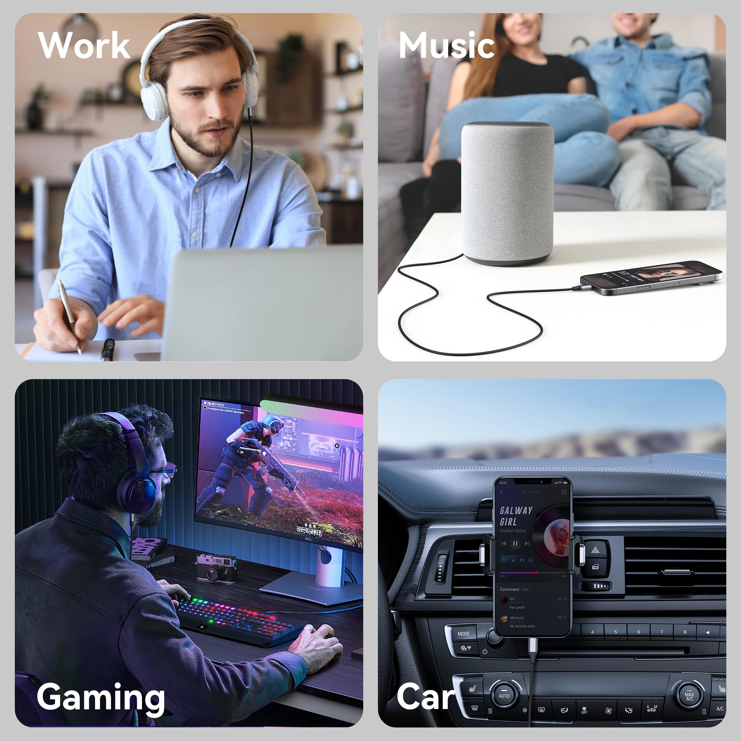 Câble USB C vers 3.5mm Jack DAC Audio AUX pour iPhone 17 16 15 Pro Max, Galaxy S24/S23/S22 Ultra (Noir)