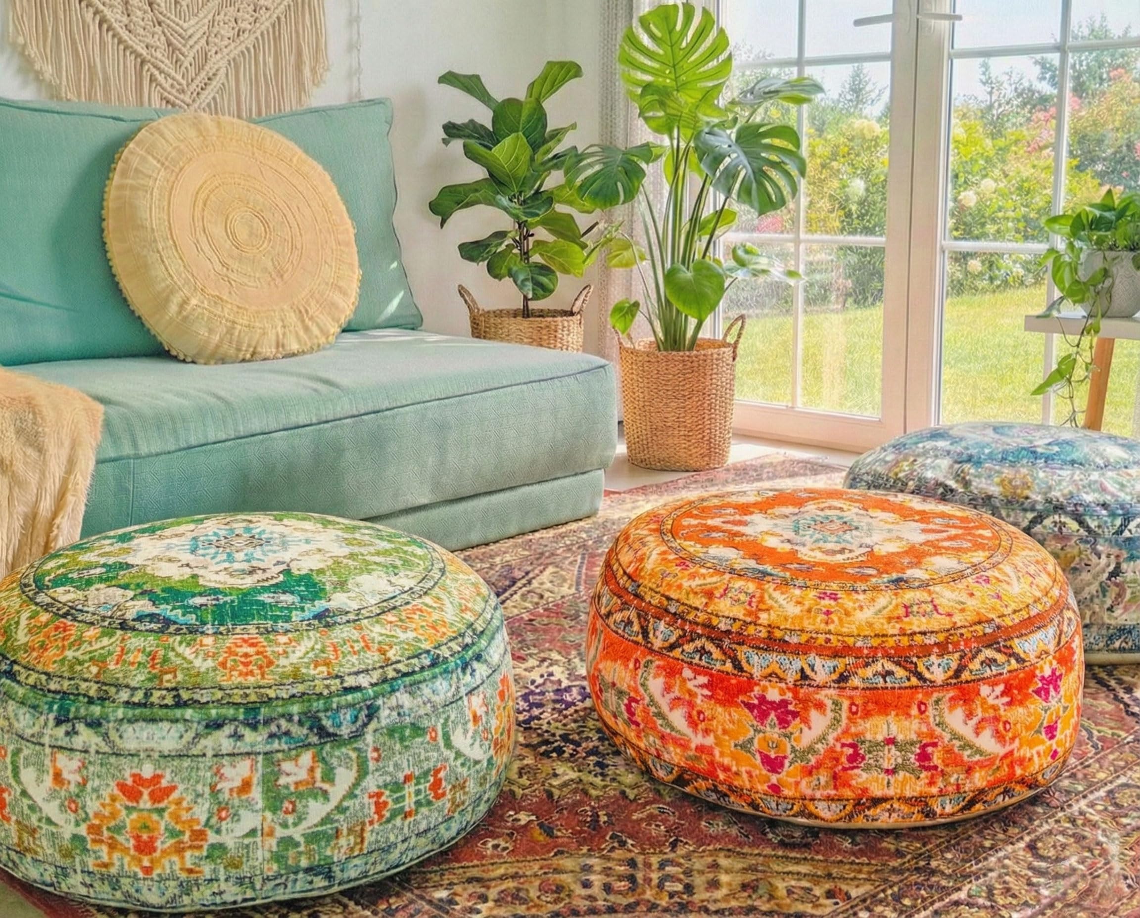 Mandala Life ART Funda de cojín de Piso Bohemian Rug - Redonda 60x20 cm - Puf de decoración de habitación Artesanal de Lujo para meditación, Yoga y Boho Chic Funda de Almohada de Piso para Asientos