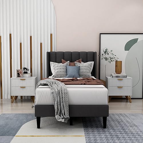 Miniatura 3 de Base de cama de plataforma tapizada completa con cabecero, base de colchón, soporte de listones de madera, silencioso, no necesita somier, fácil de