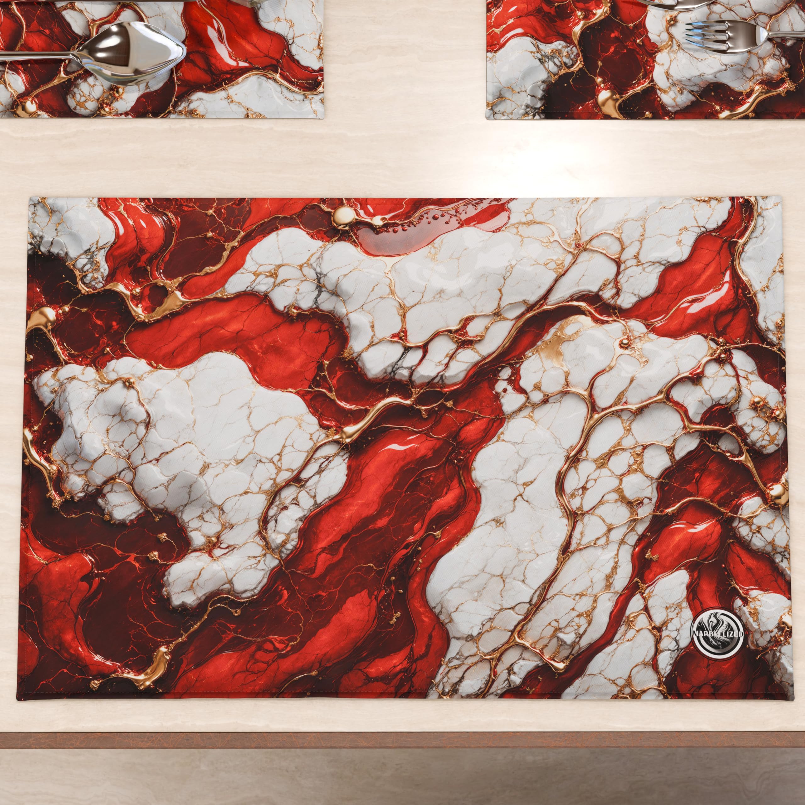 MARBLELIZED, Washable American Placemats, Red Marble Effect Fabric Placemats, Set of 2 (30 x 45 cm), Elegant