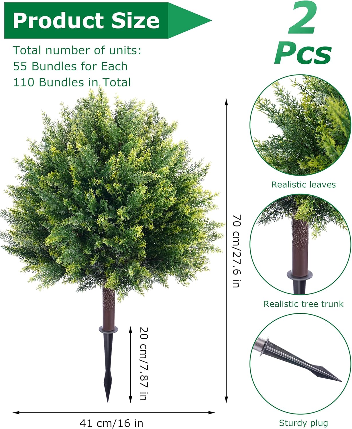 27.6'' Artificial Cedar Topiary Trees with Spikes, Set of 2 Fake Pine Shrubs Bushes Plants UV Resistant Evergreen Faux Cypress Tree for Planter Front Porch Outdoor Spring Decor Pot Fillers