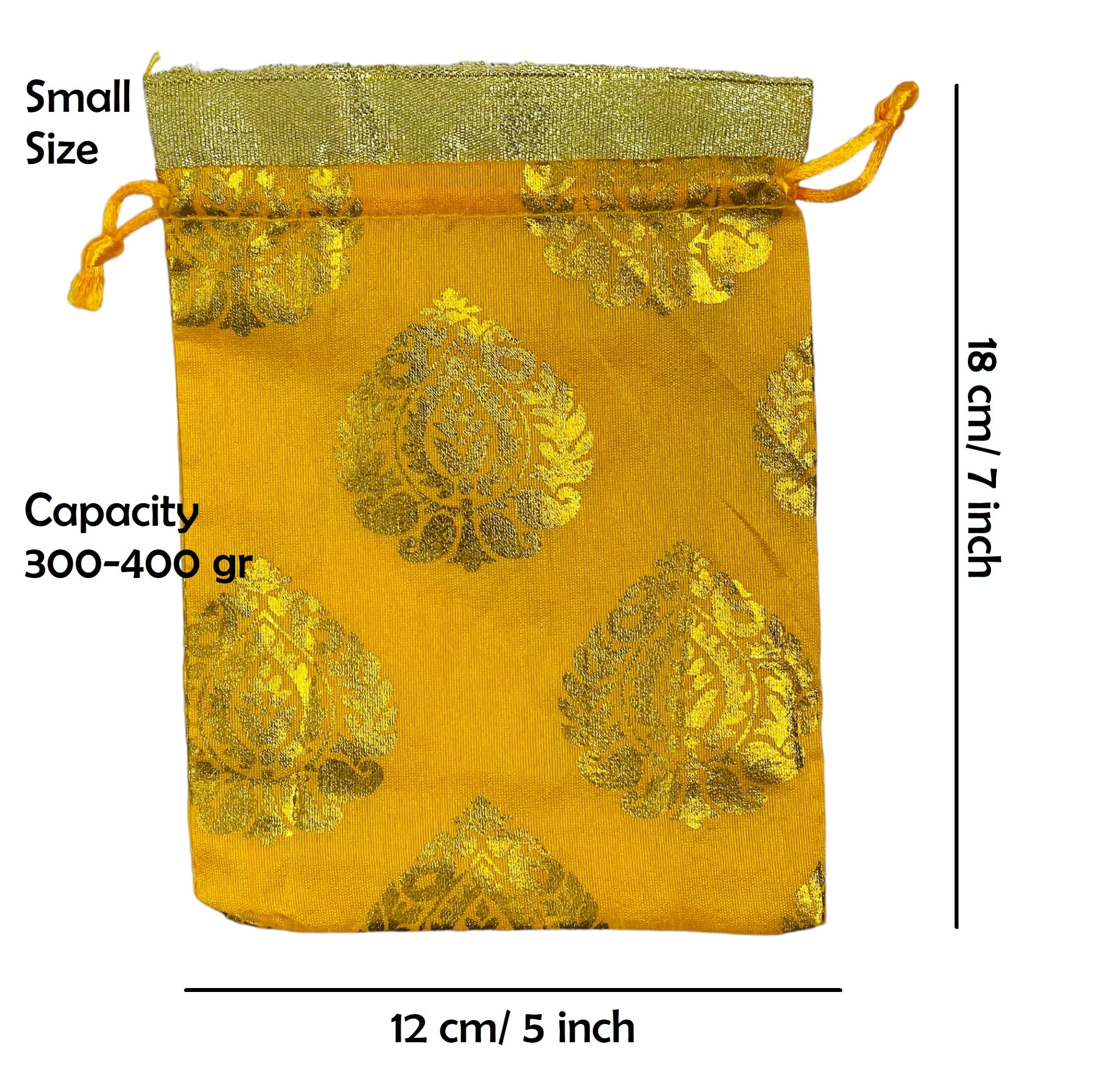 Moira Lot de 25/50/100 sacs cadeaux unisexes en brocart de soie doré avec fermeture à cordon pour cadeaux/rangement de bijoux/chocolats/fruits secs (jaune, 100)