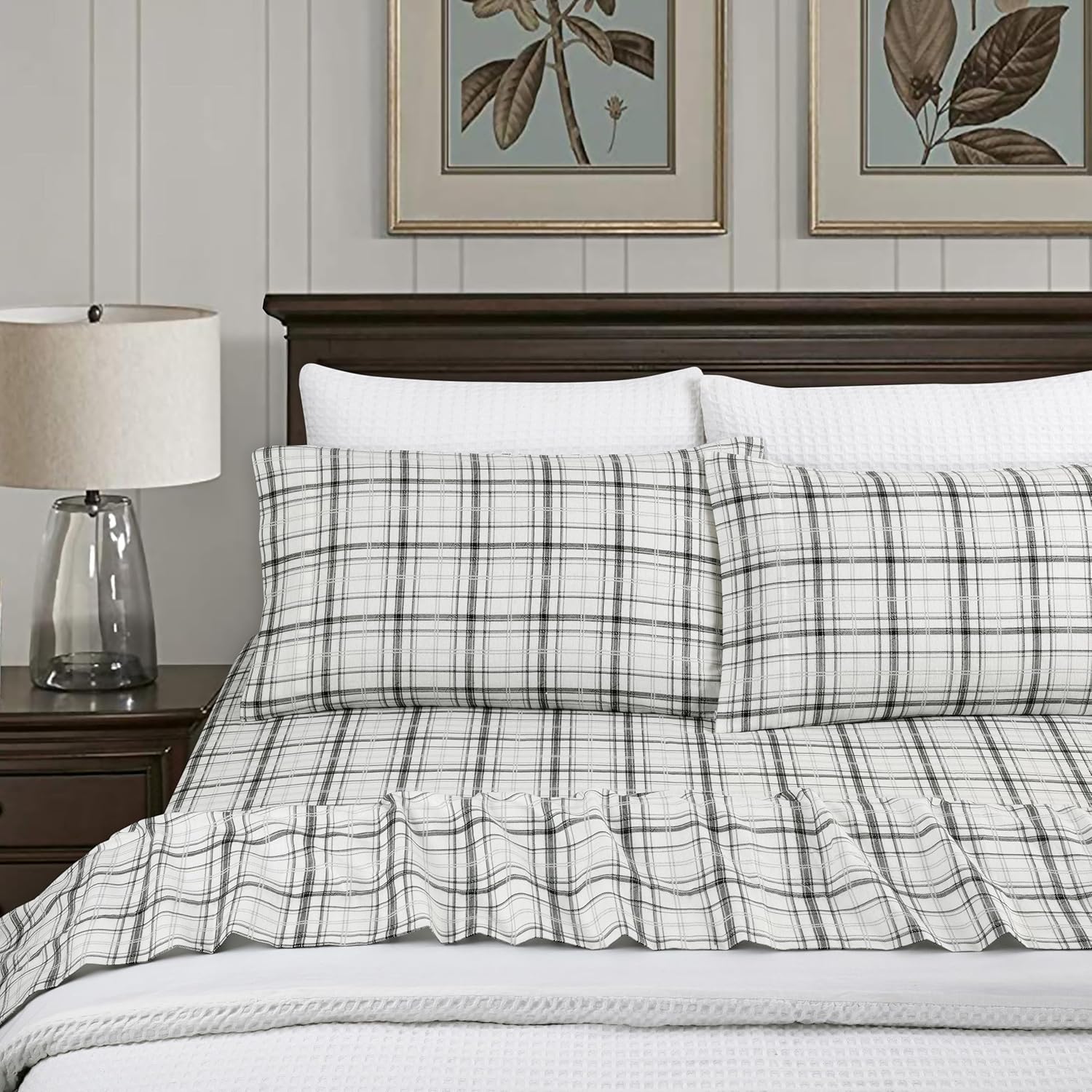 Lodge & Linen Flannel Sheets King Size Rich Cotton -High GSM Flannel Bed Sheet Deep Pockets - Warm & Cozy Flannel Sheet Set for All Seasons (Plaid Black)